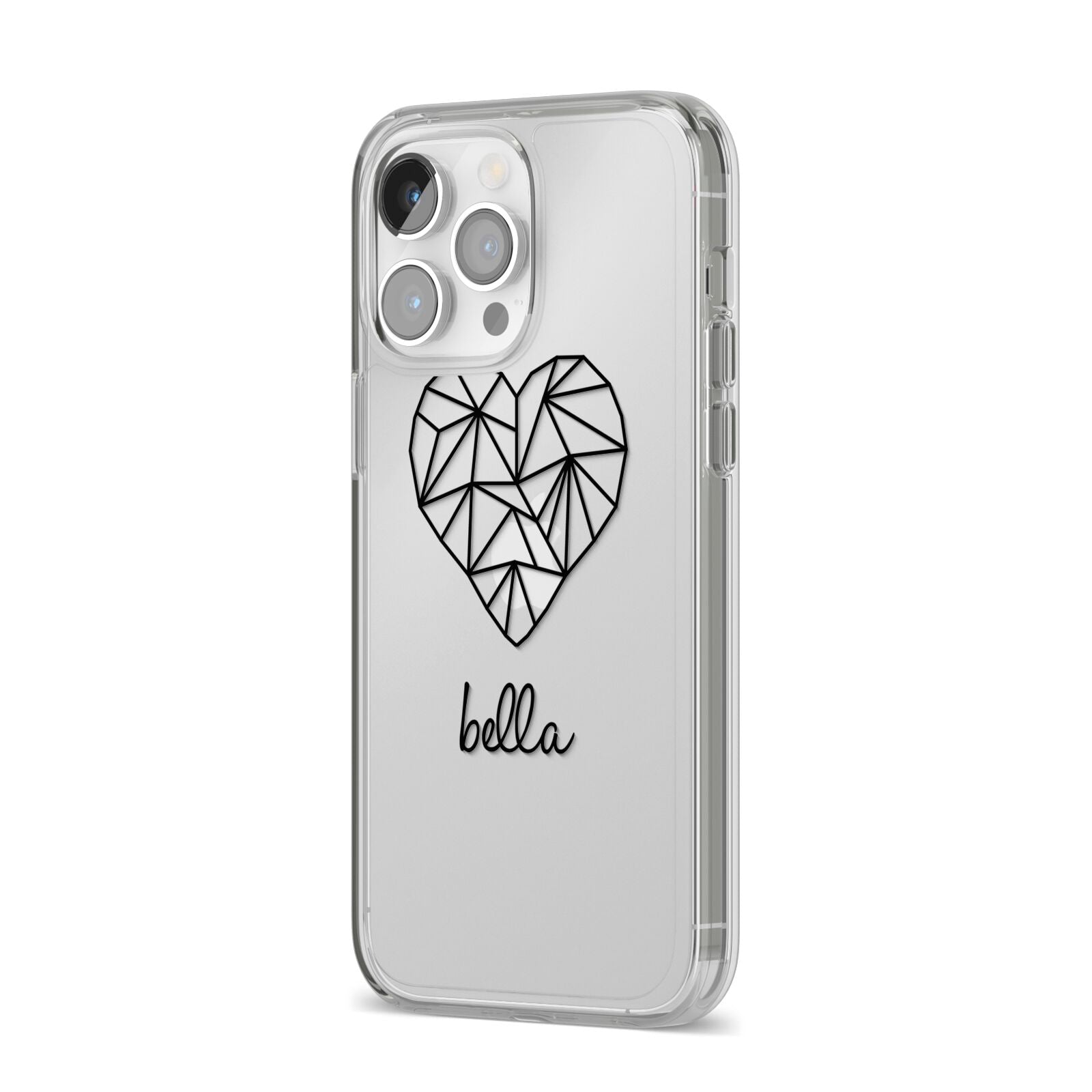 Personalised Geometric Heart Name Clear iPhone 14 Pro Max Clear Tough Case Silver Angled Image