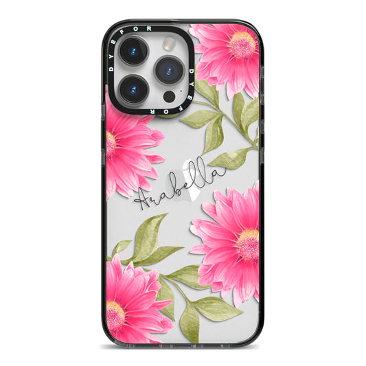 Personalised Gerbera Daisy iPhone 14 Pro Max Black Impact Case on Silver phone