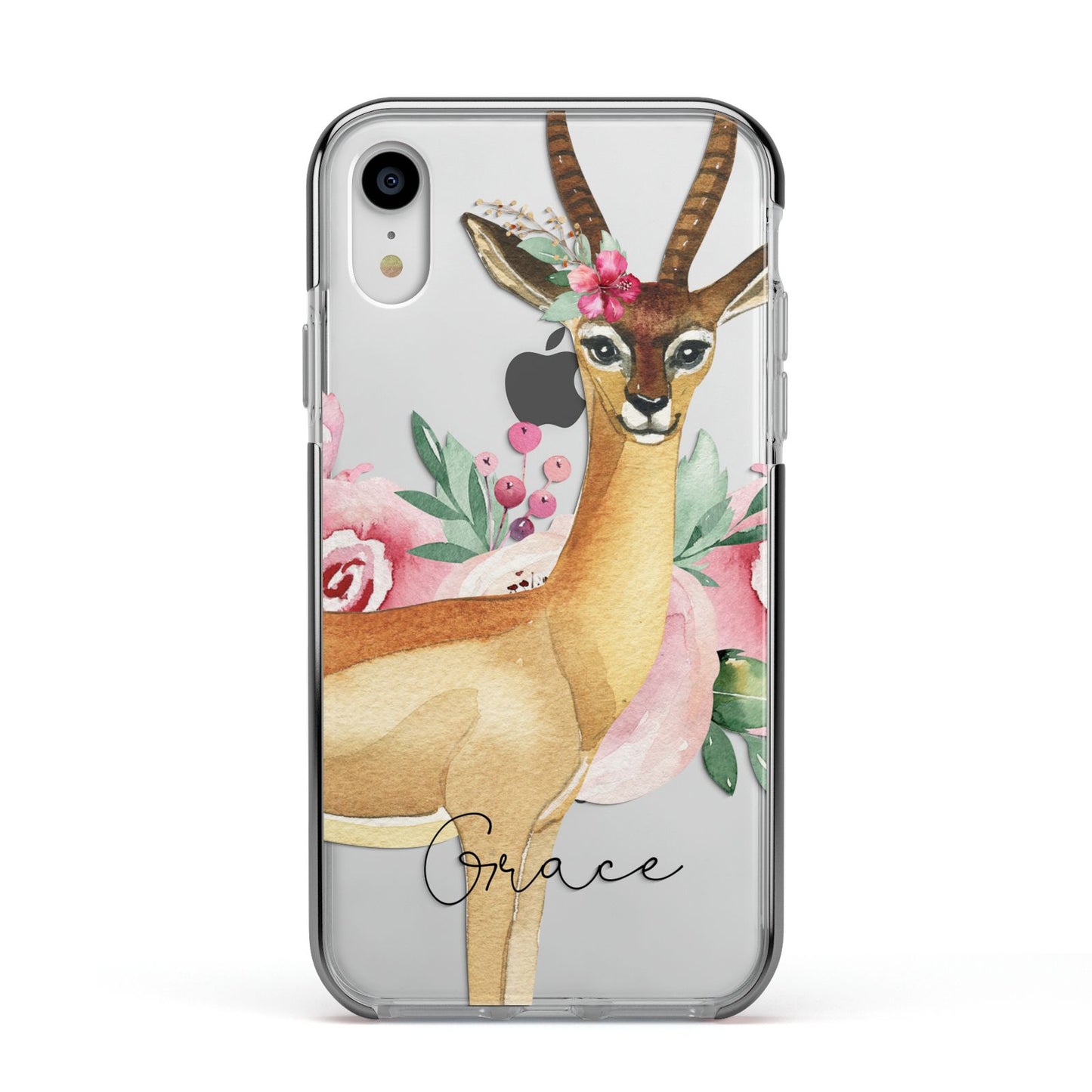 Personalised Gerenuk Apple iPhone XR Impact Case Black Edge on Silver Phone