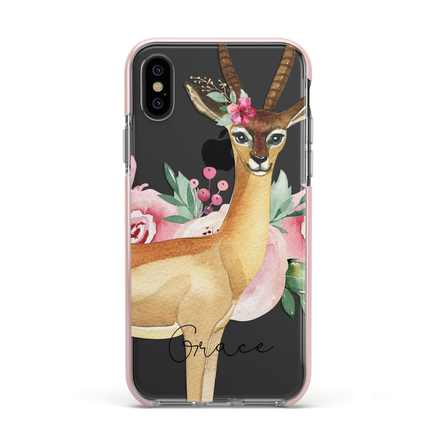 Personalised Gerenuk Apple iPhone Xs Impact Case Pink Edge on Black Phone