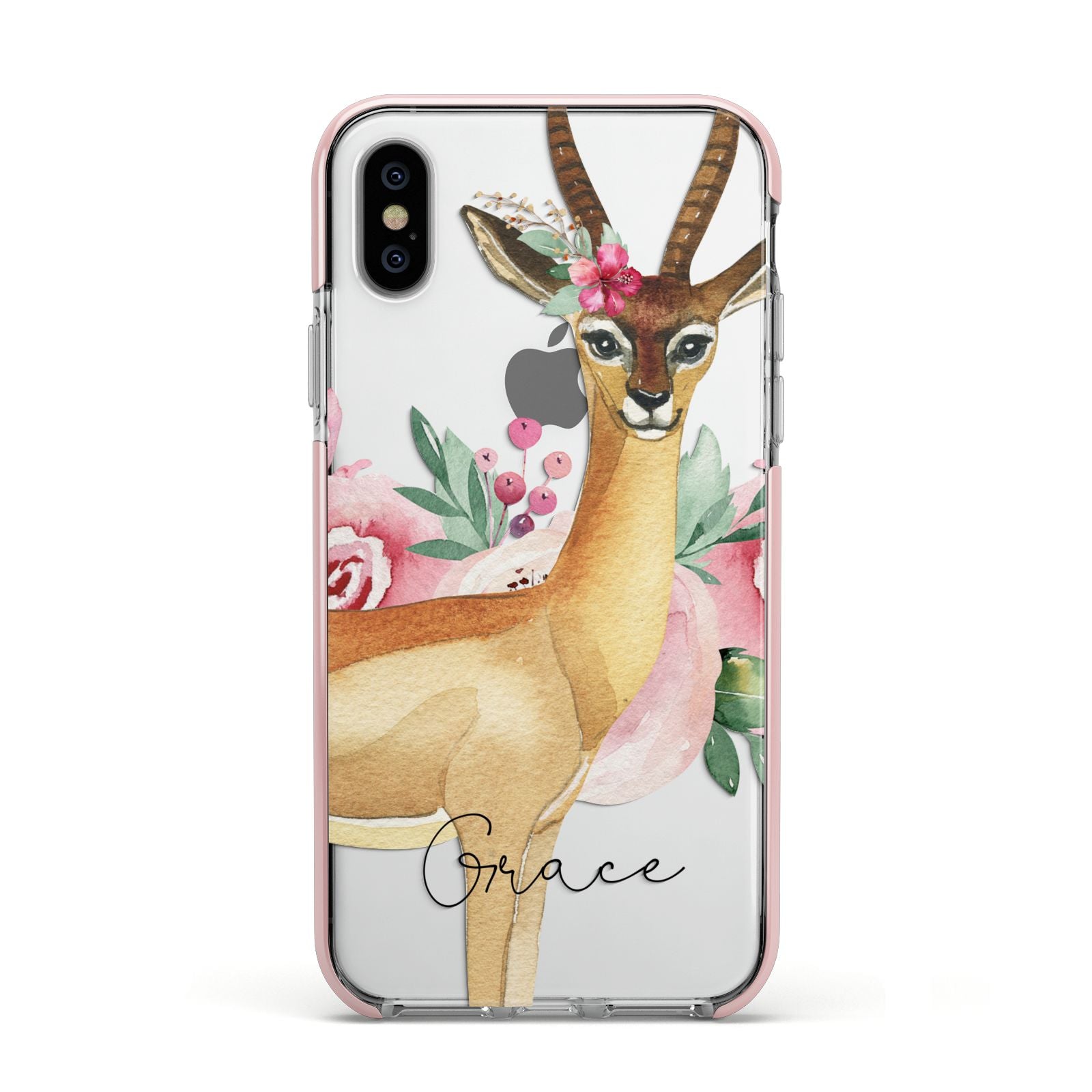 Personalised Gerenuk Apple iPhone Xs Impact Case Pink Edge on Silver Phone