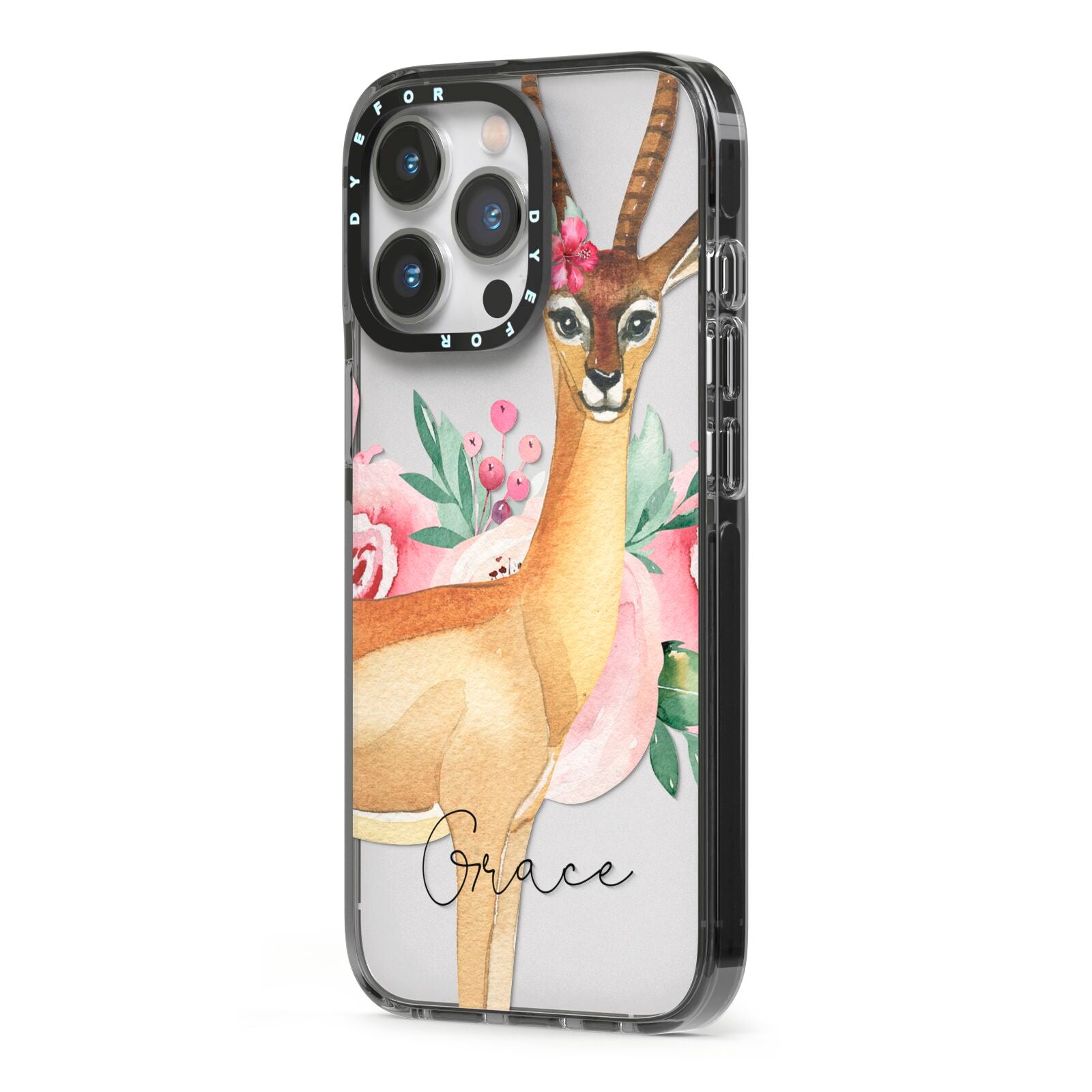Personalised Gerenuk iPhone 13 Pro Black Impact Case Side Angle on Silver phone
