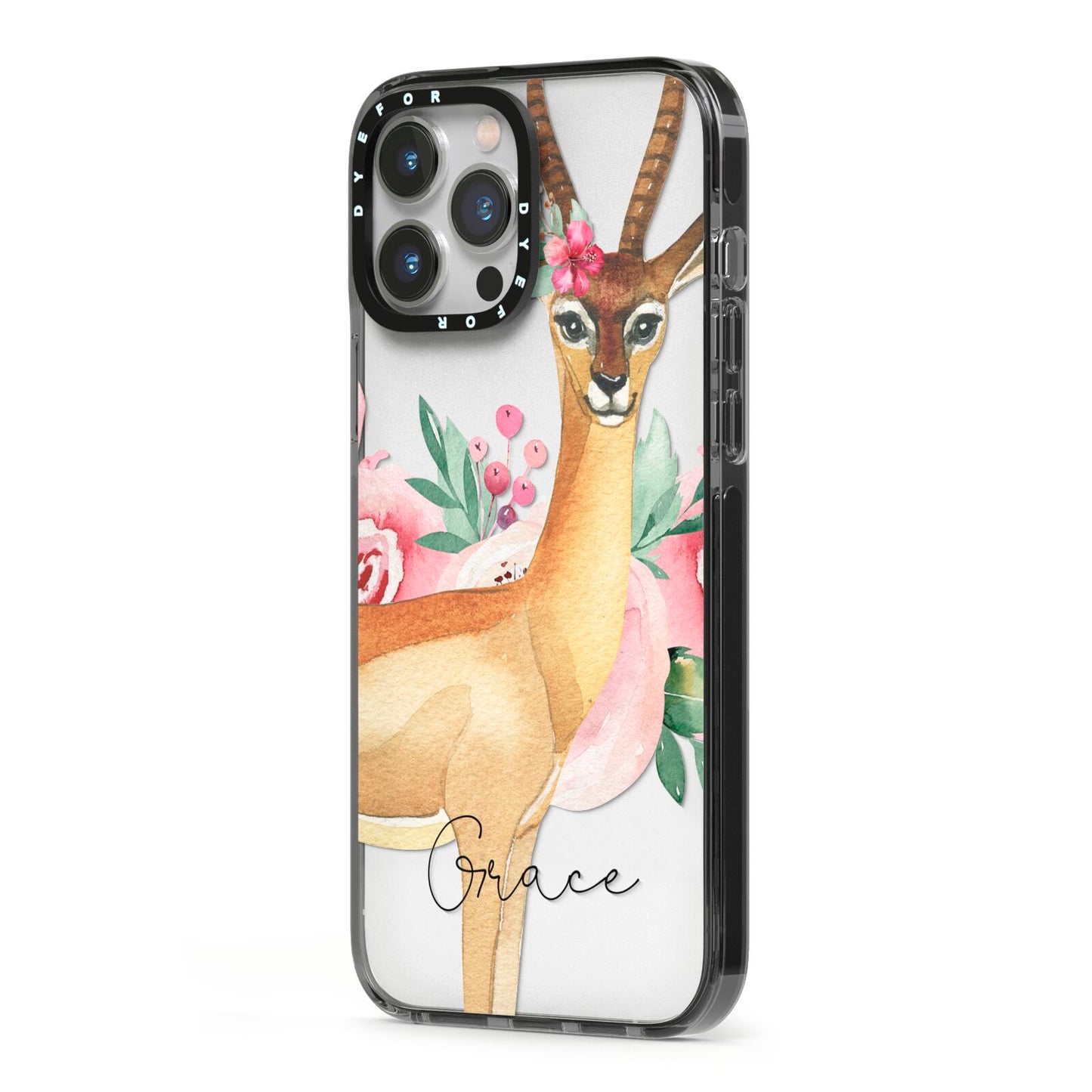 Personalised Gerenuk iPhone 13 Pro Max Black Impact Case Side Angle on Silver phone