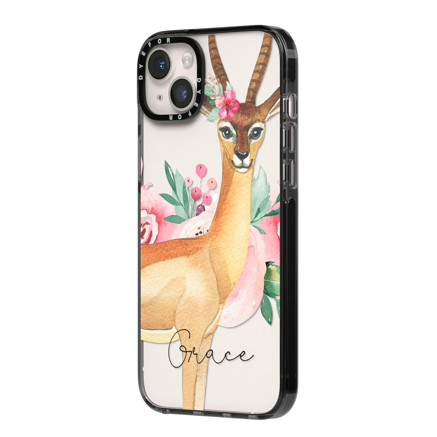 Personalised Gerenuk iPhone 14 Plus Black Impact Case Side Angle on Silver phone
