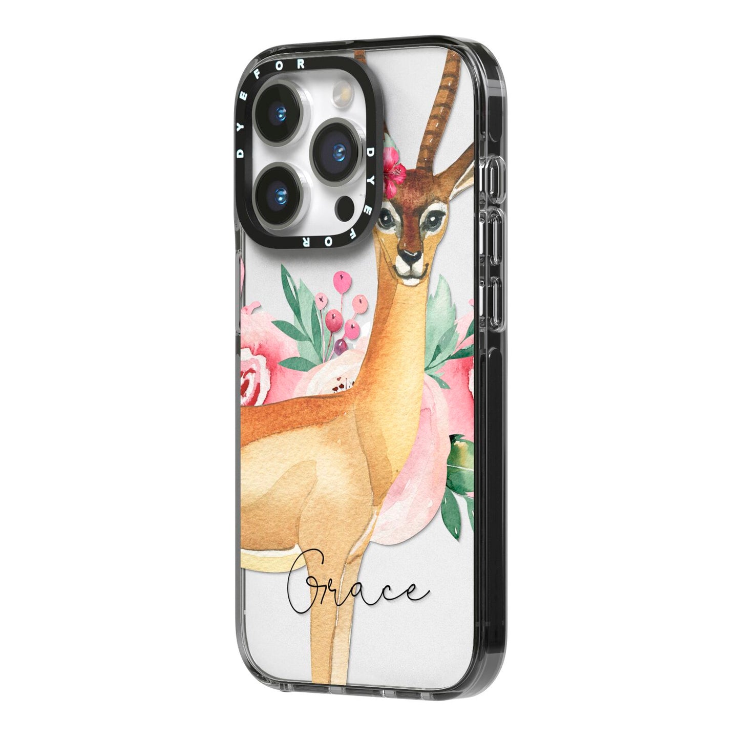 Personalised Gerenuk iPhone 14 Pro Black Impact Case Side Angle on Silver phone