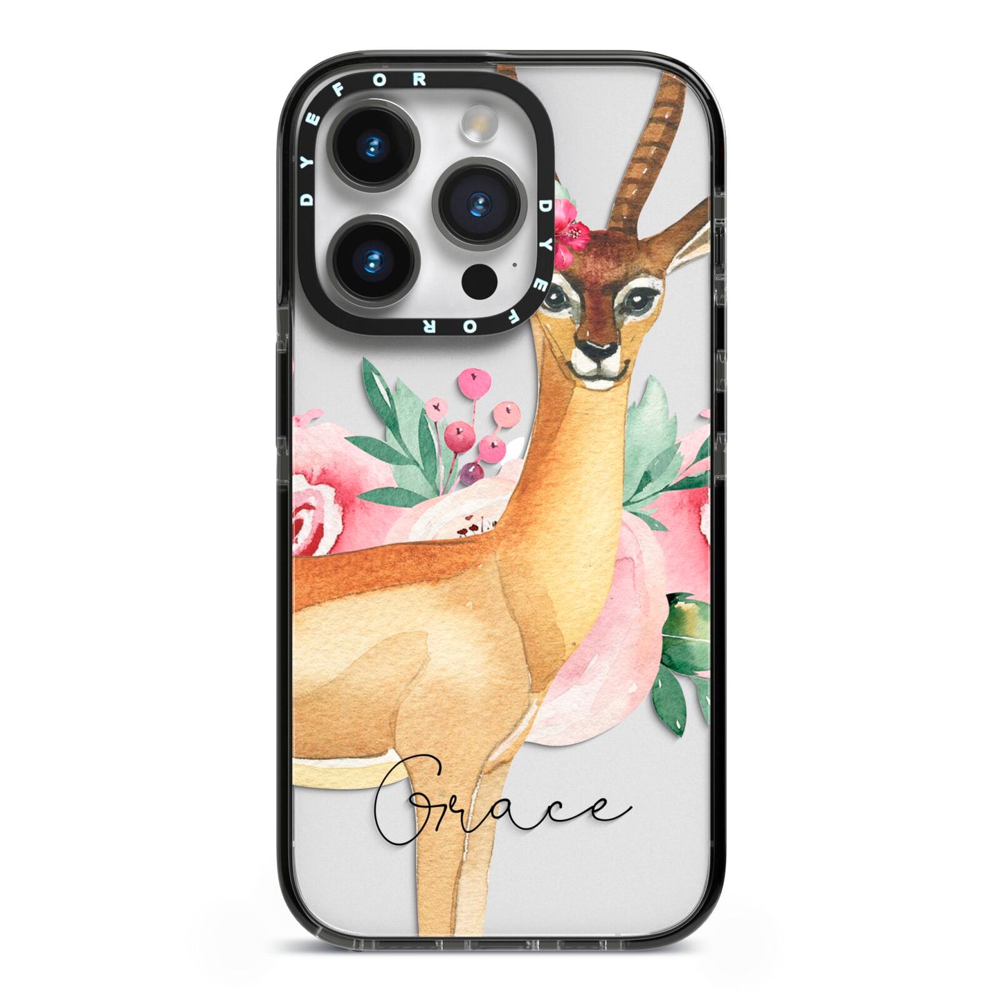 Personalised Gerenuk iPhone 14 Pro Black Impact Case on Silver phone