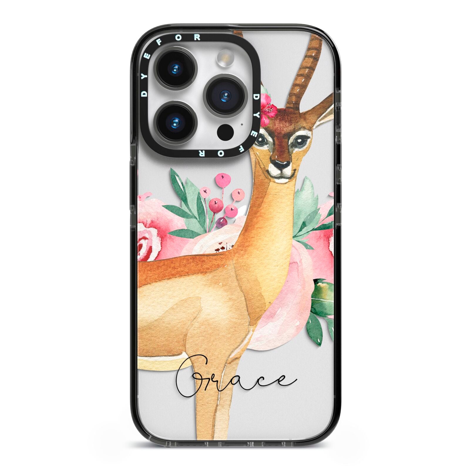 Personalised Gerenuk iPhone 14 Pro Black Impact Case on Silver phone