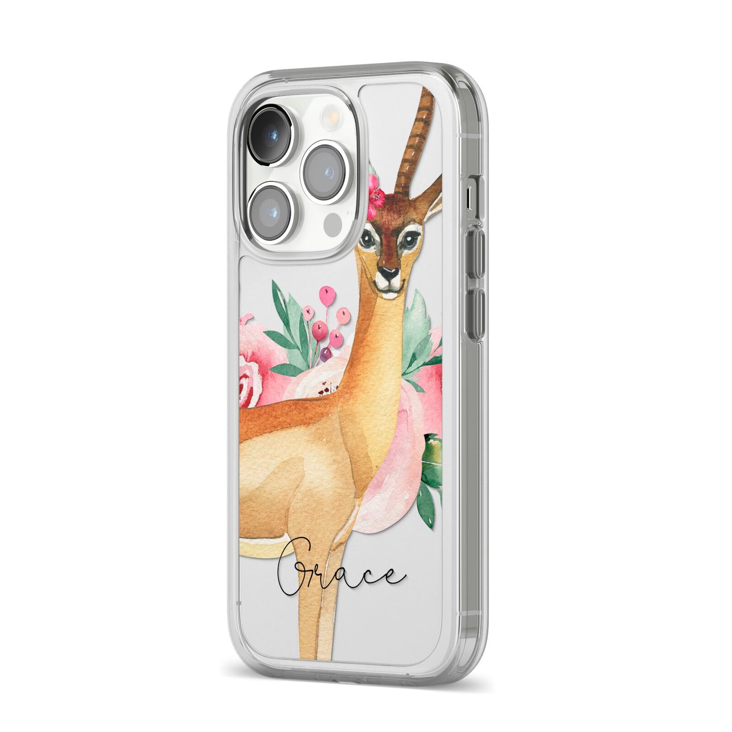 Personalised Gerenuk iPhone 14 Pro Clear Tough Case Silver Angled Image