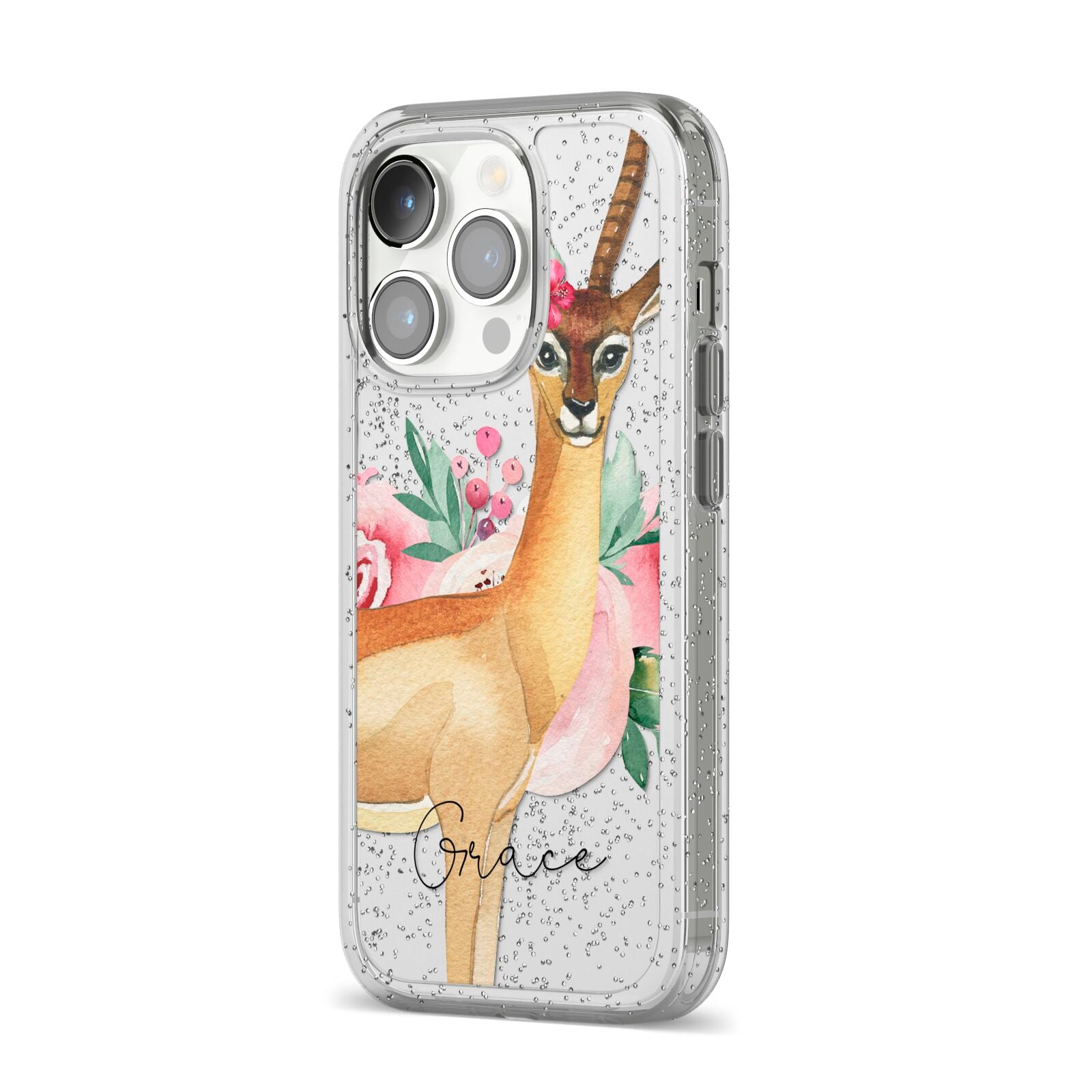 Personalised Gerenuk iPhone 14 Pro Glitter Tough Case Silver Angled Image