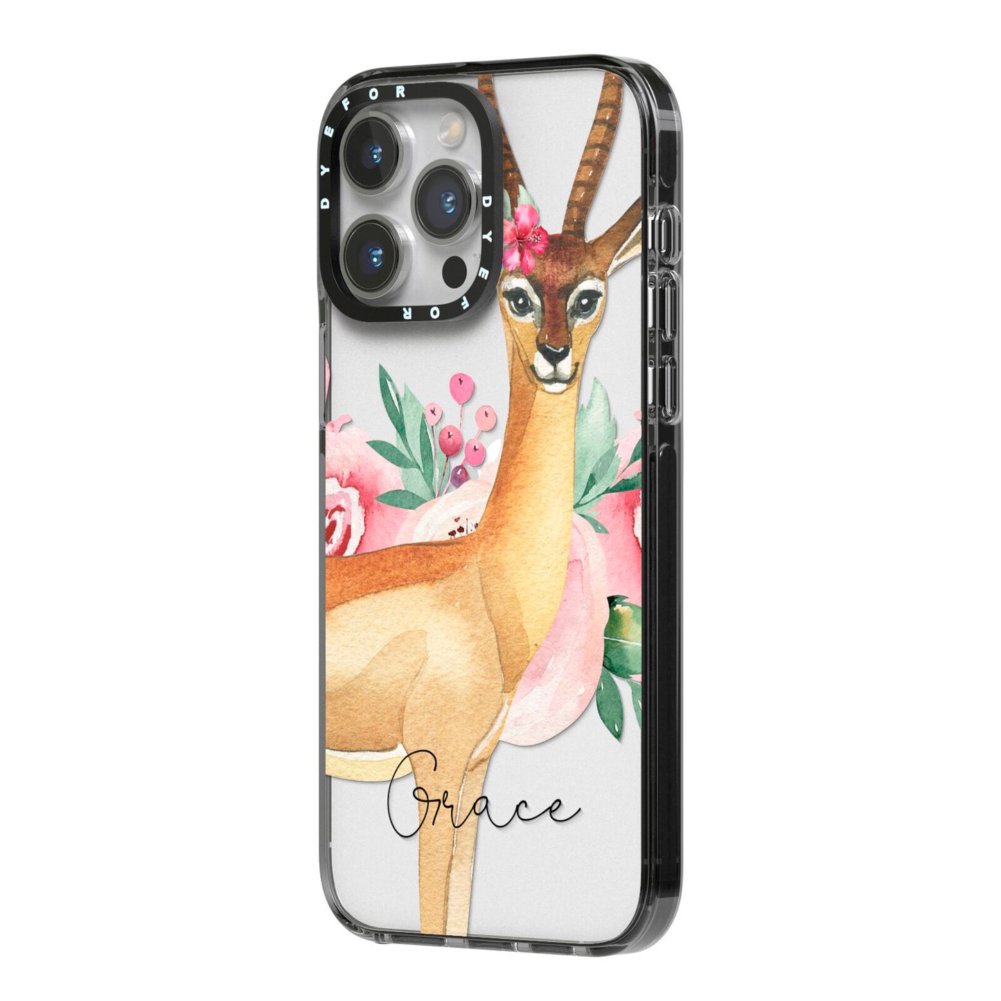 Personalised Gerenuk iPhone 14 Pro Max Black Impact Case Side Angle on Silver phone