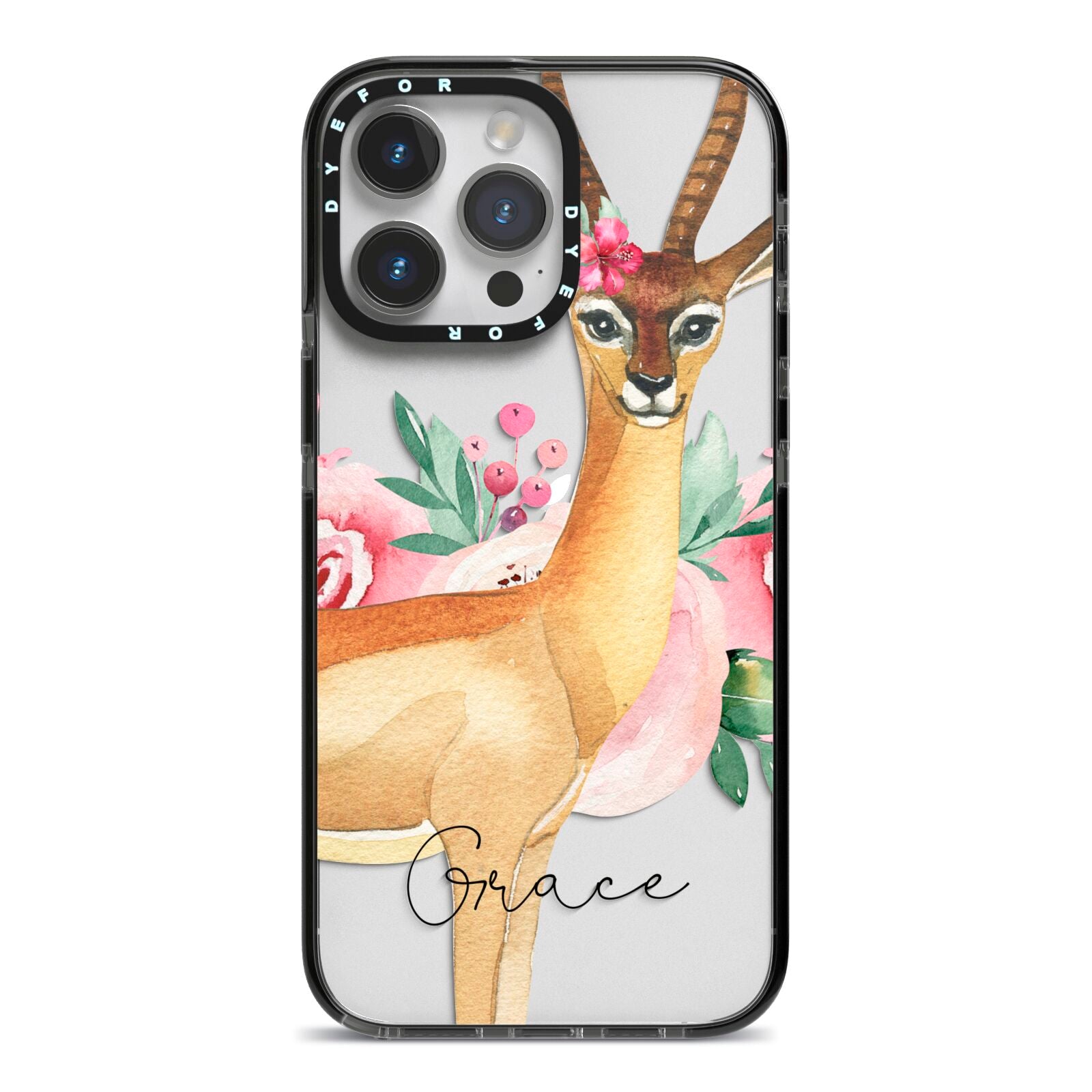 Personalised Gerenuk iPhone 14 Pro Max Black Impact Case on Silver phone