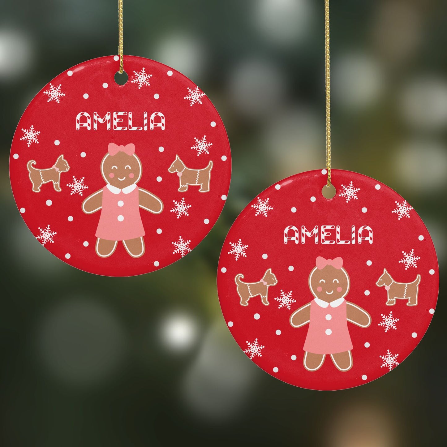 Personalised Gingerbread Girl Round Decoration on Christmas Background