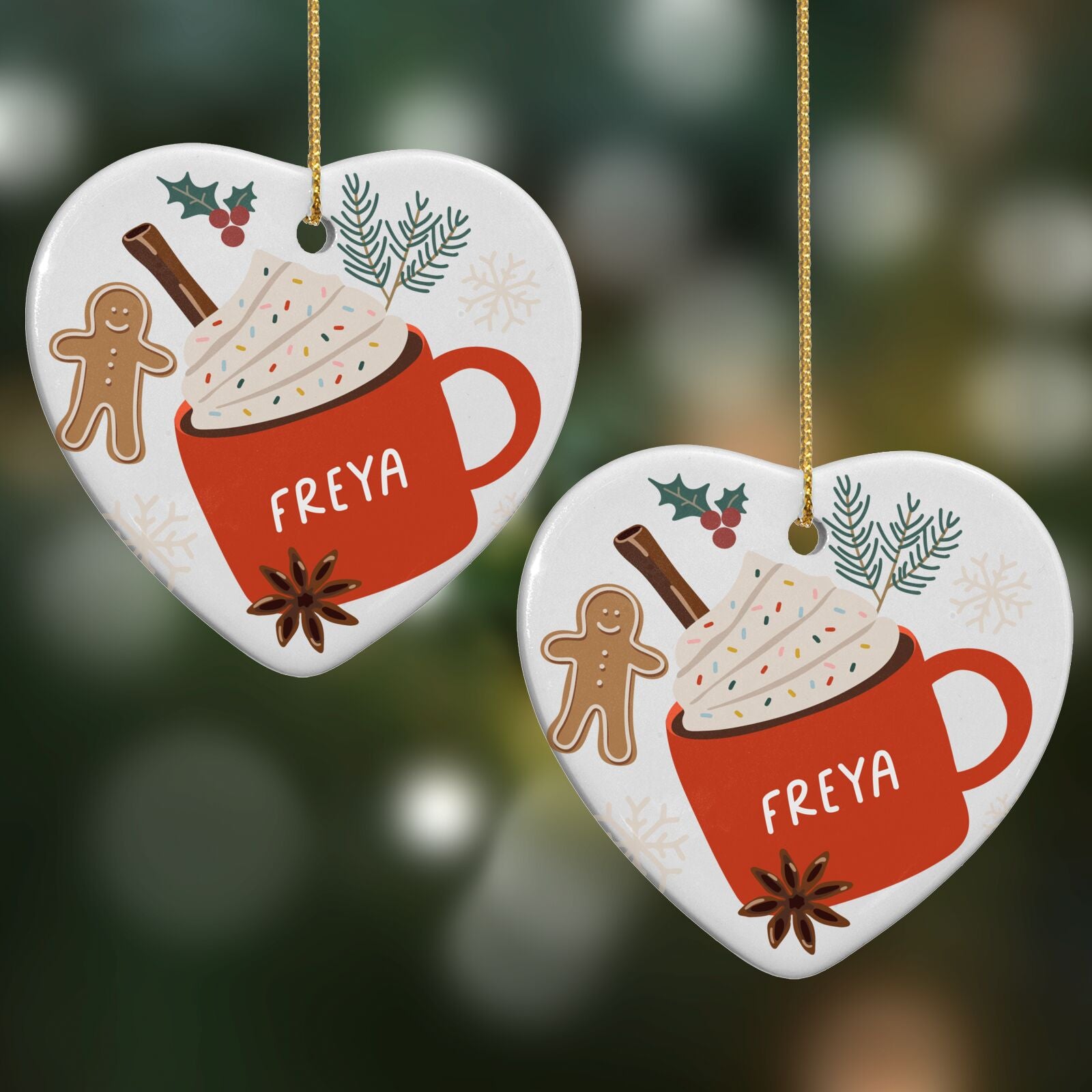 Personalised Gingerbread Latte Heart Decoration on Christmas Background