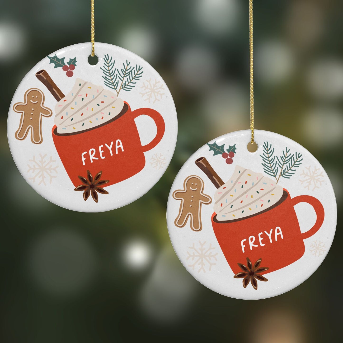 Personalised Gingerbread Latte Round Decoration on Christmas Background