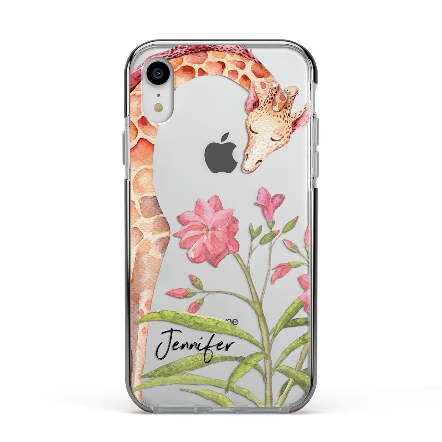 Personalised Giraffe Apple iPhone XR Impact Case Black Edge on Silver Phone