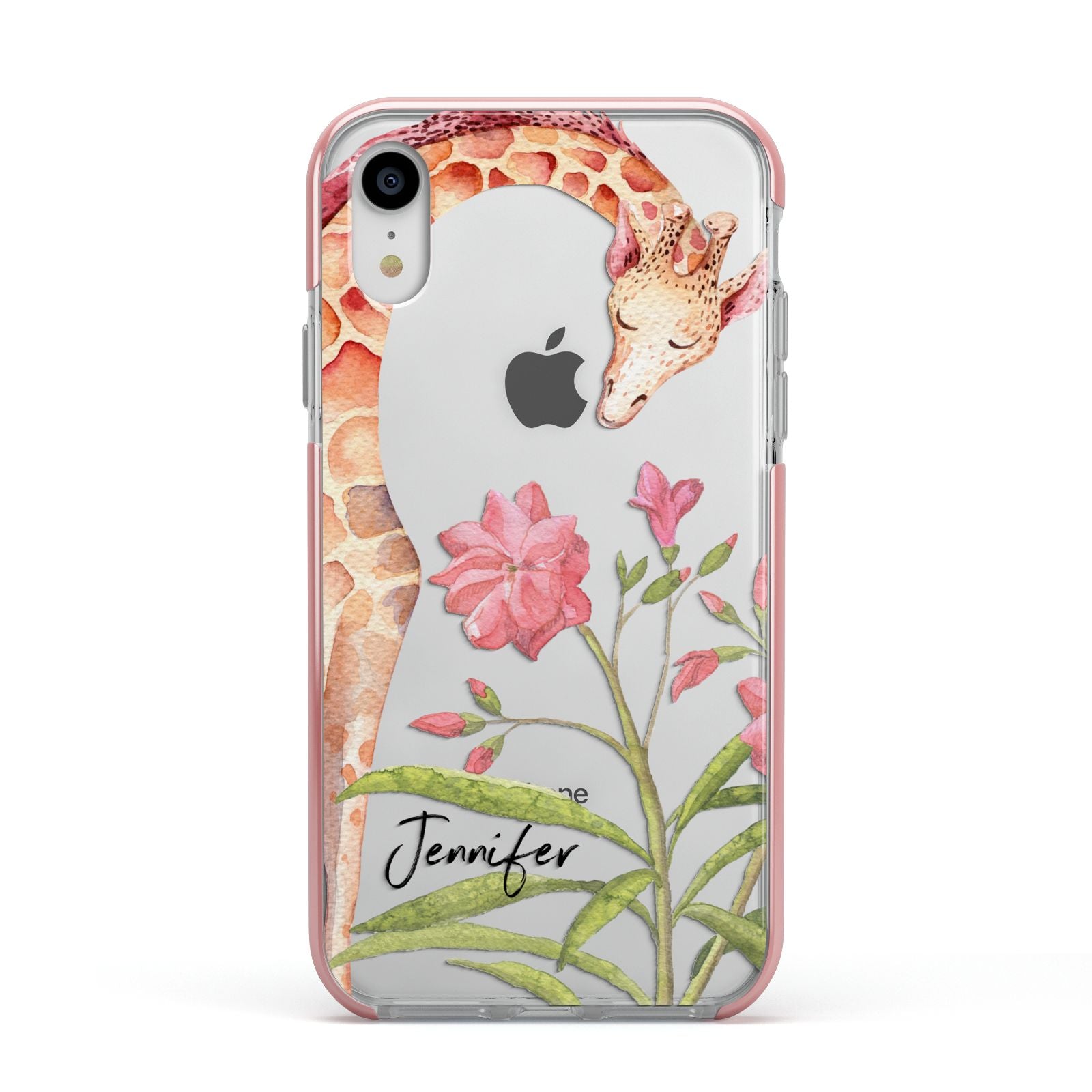 Personalised Giraffe Apple iPhone XR Impact Case Pink Edge on Silver Phone