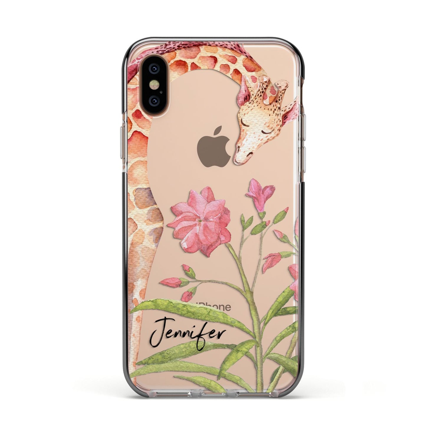 Personalised Giraffe Apple iPhone Xs Impact Case Black Edge on Gold Phone