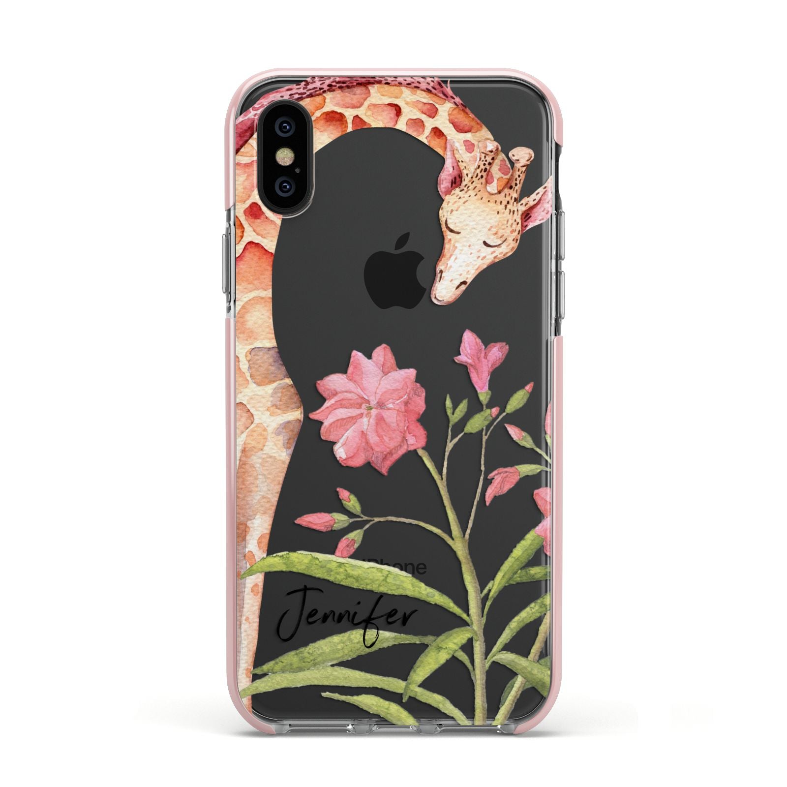 Personalised Giraffe Apple iPhone Xs Impact Case Pink Edge on Black Phone