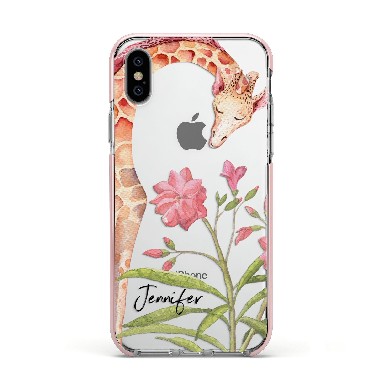 Personalised Giraffe Apple iPhone Xs Impact Case Pink Edge on Silver Phone
