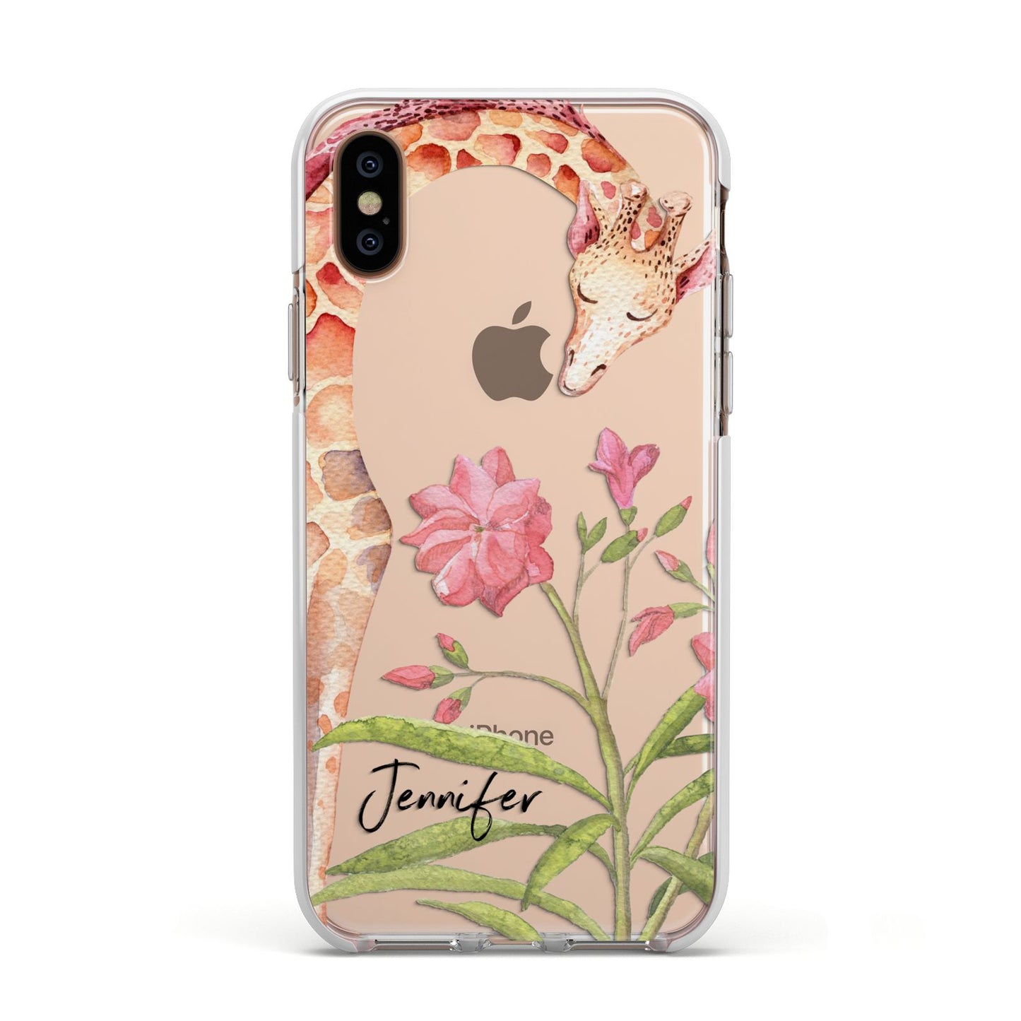 Personalised Giraffe Apple iPhone Xs Impact Case White Edge on Gold Phone