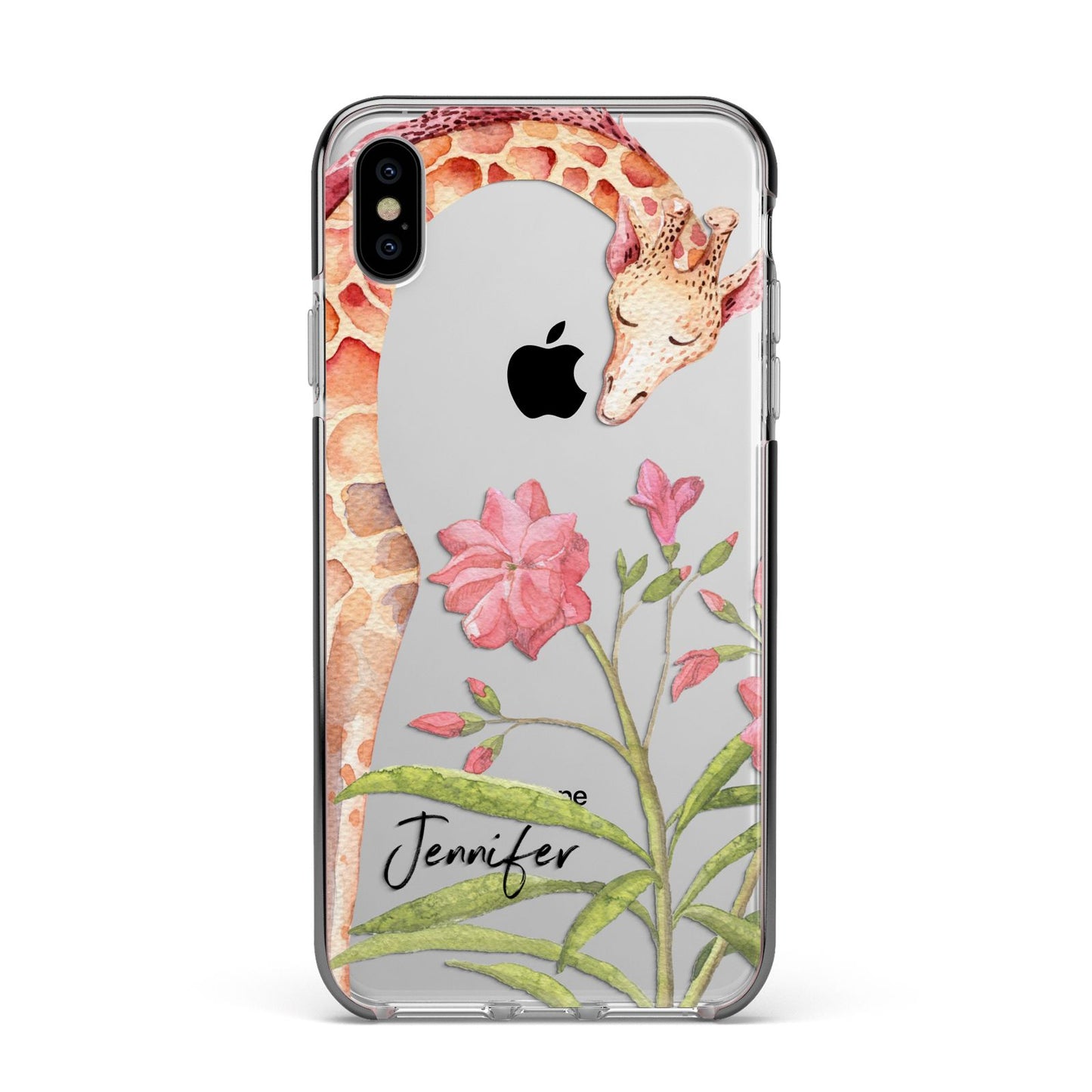 Personalised Giraffe Apple iPhone Xs Max Impact Case Black Edge on Silver Phone