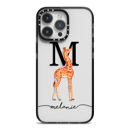 Personalised Giraffe Initial iPhone 14 Pro Max Black Impact Case on Silver phone