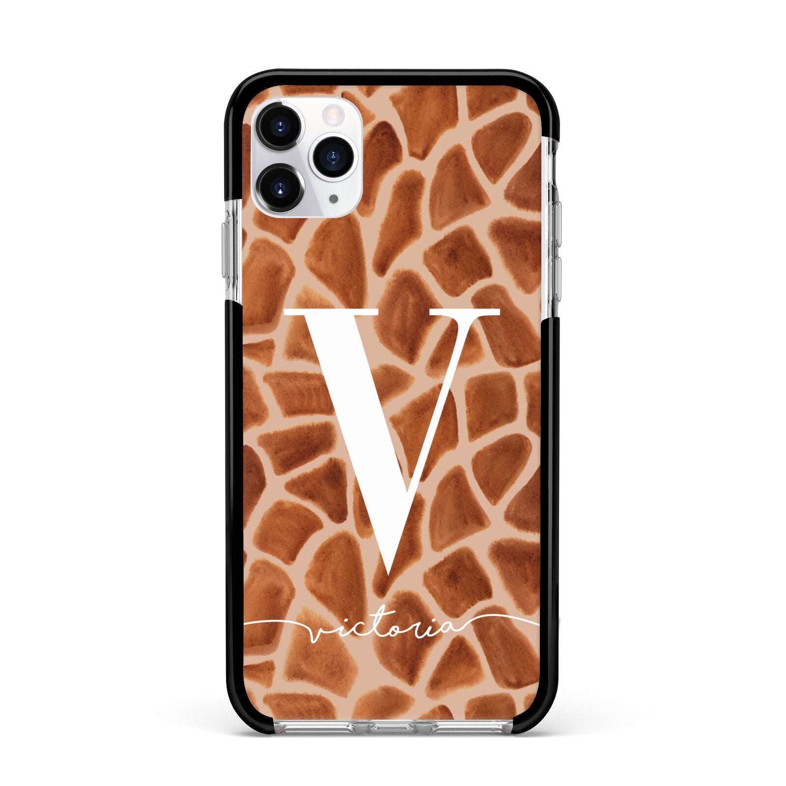 Personalised Giraffe Print Apple iPhone 11 Pro Max in Silver with Black Impact Case