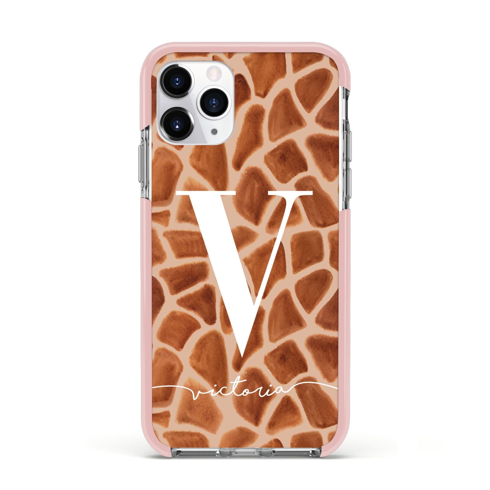 Personalised Giraffe Print Apple iPhone 11 Pro in Silver with Pink Impact Case
