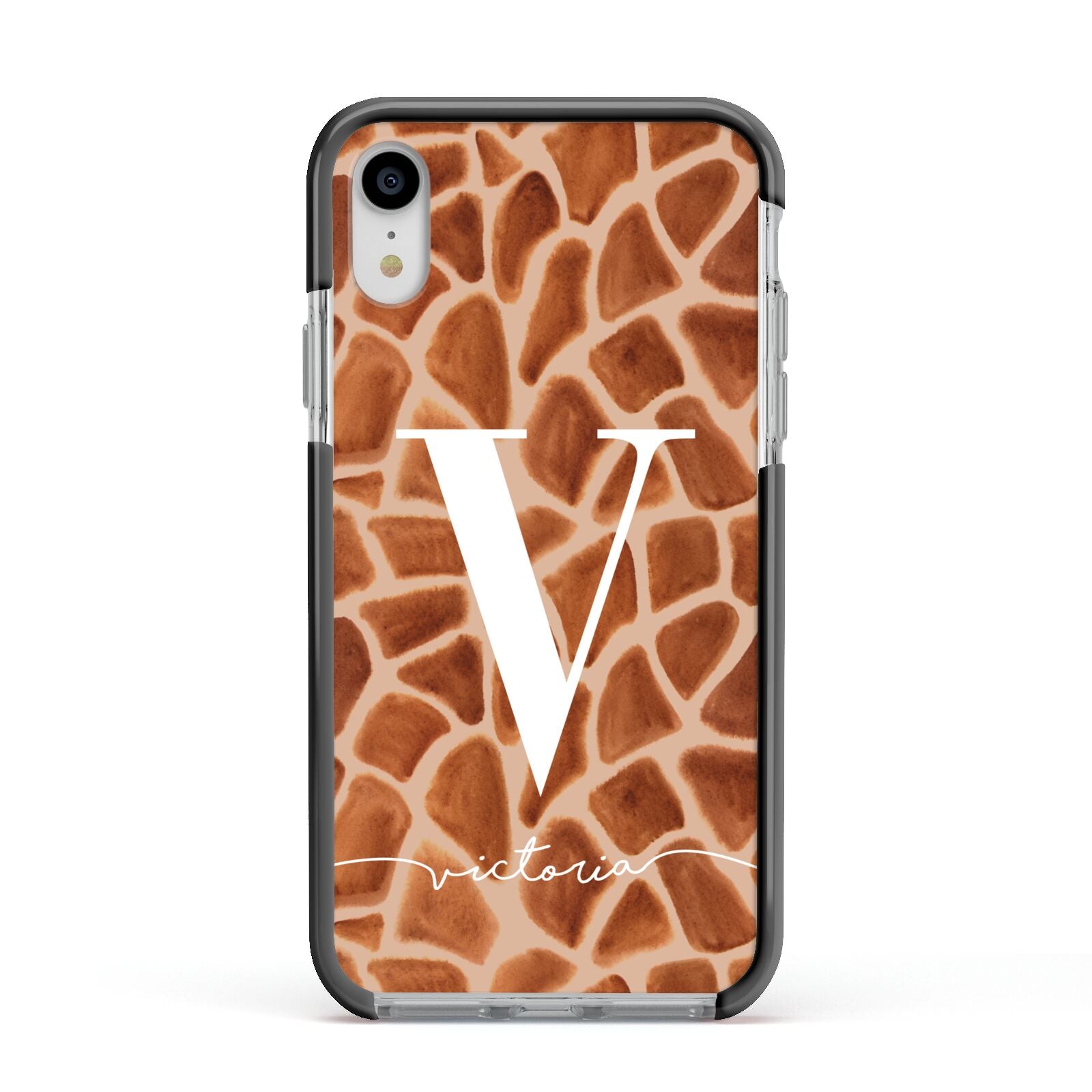Personalised Giraffe Print Apple iPhone XR Impact Case Black Edge on Silver Phone