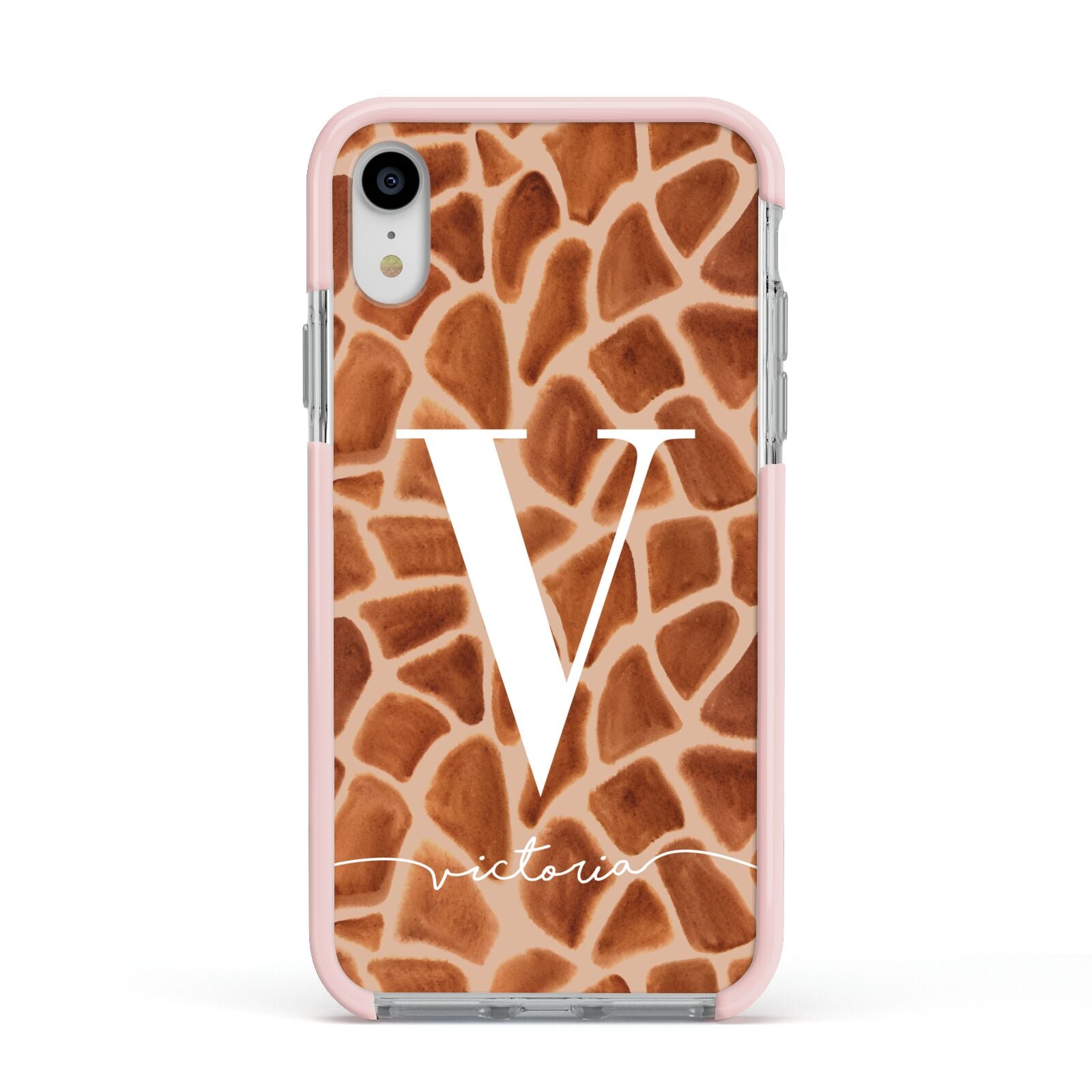 Personalised Giraffe Print Apple iPhone XR Impact Case Pink Edge on Silver Phone
