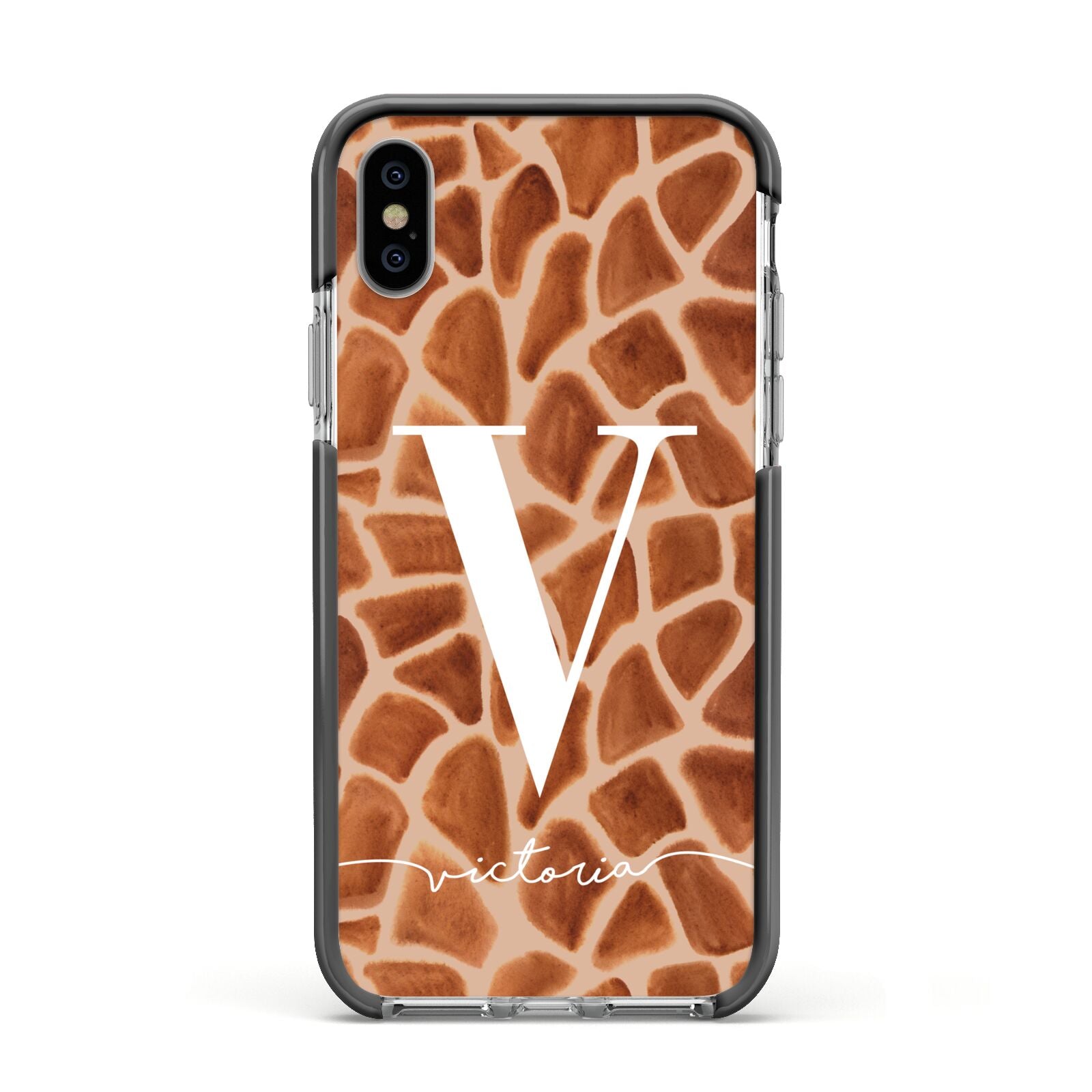 Personalised Giraffe Print Apple iPhone Xs Impact Case Black Edge on Silver Phone