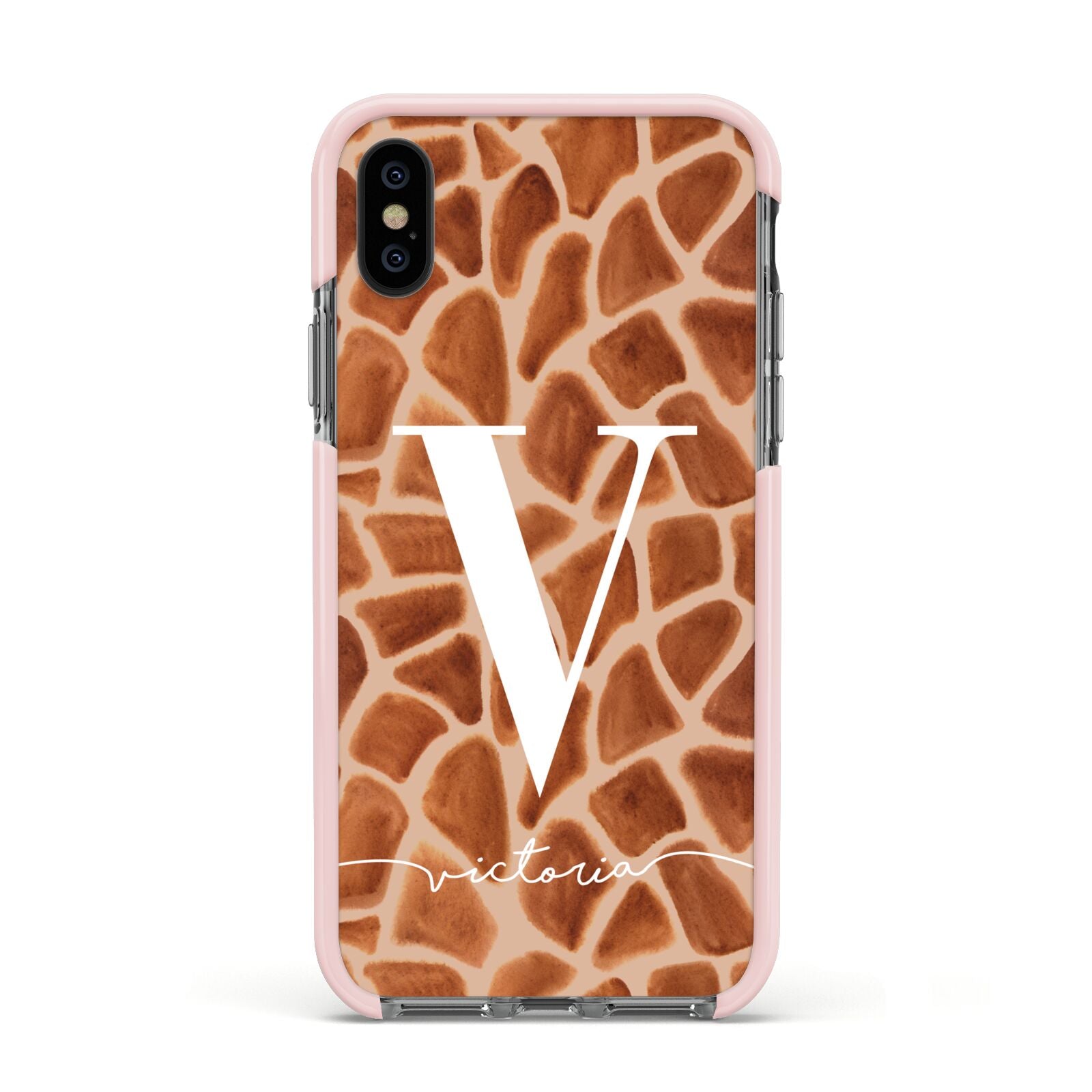 Personalised Giraffe Print Apple iPhone Xs Impact Case Pink Edge on Black Phone