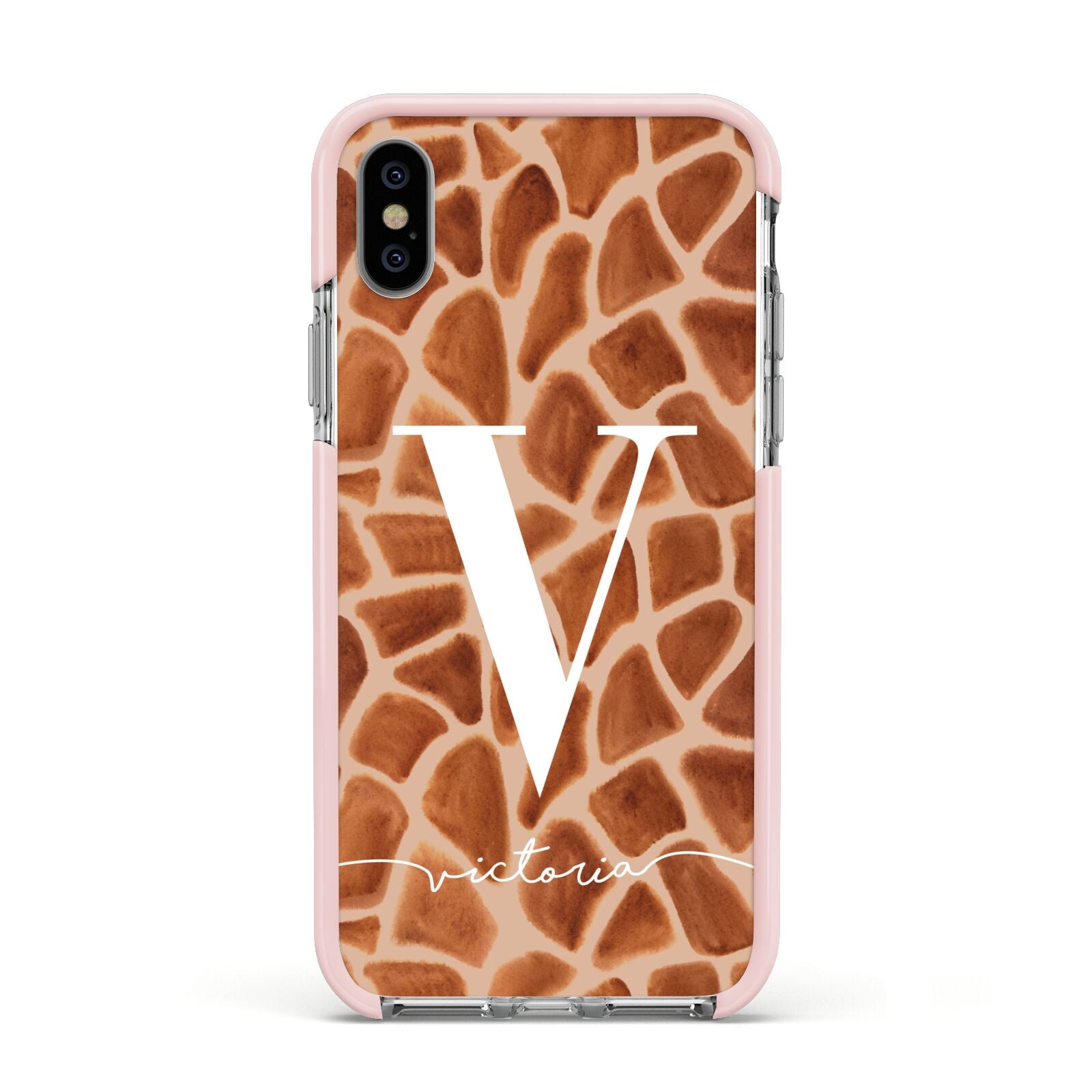 Personalised Giraffe Print Apple iPhone Xs Impact Case Pink Edge on Silver Phone