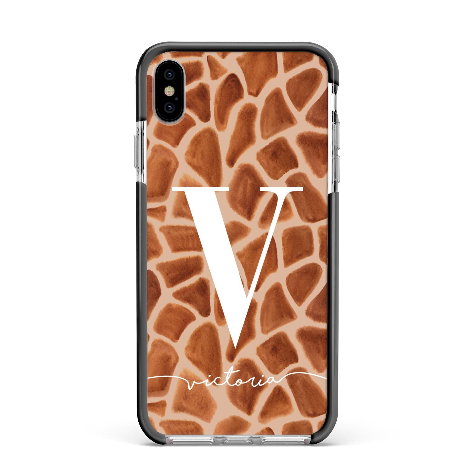 Personalised Giraffe Print Apple iPhone Xs Max Impact Case Black Edge on Silver Phone