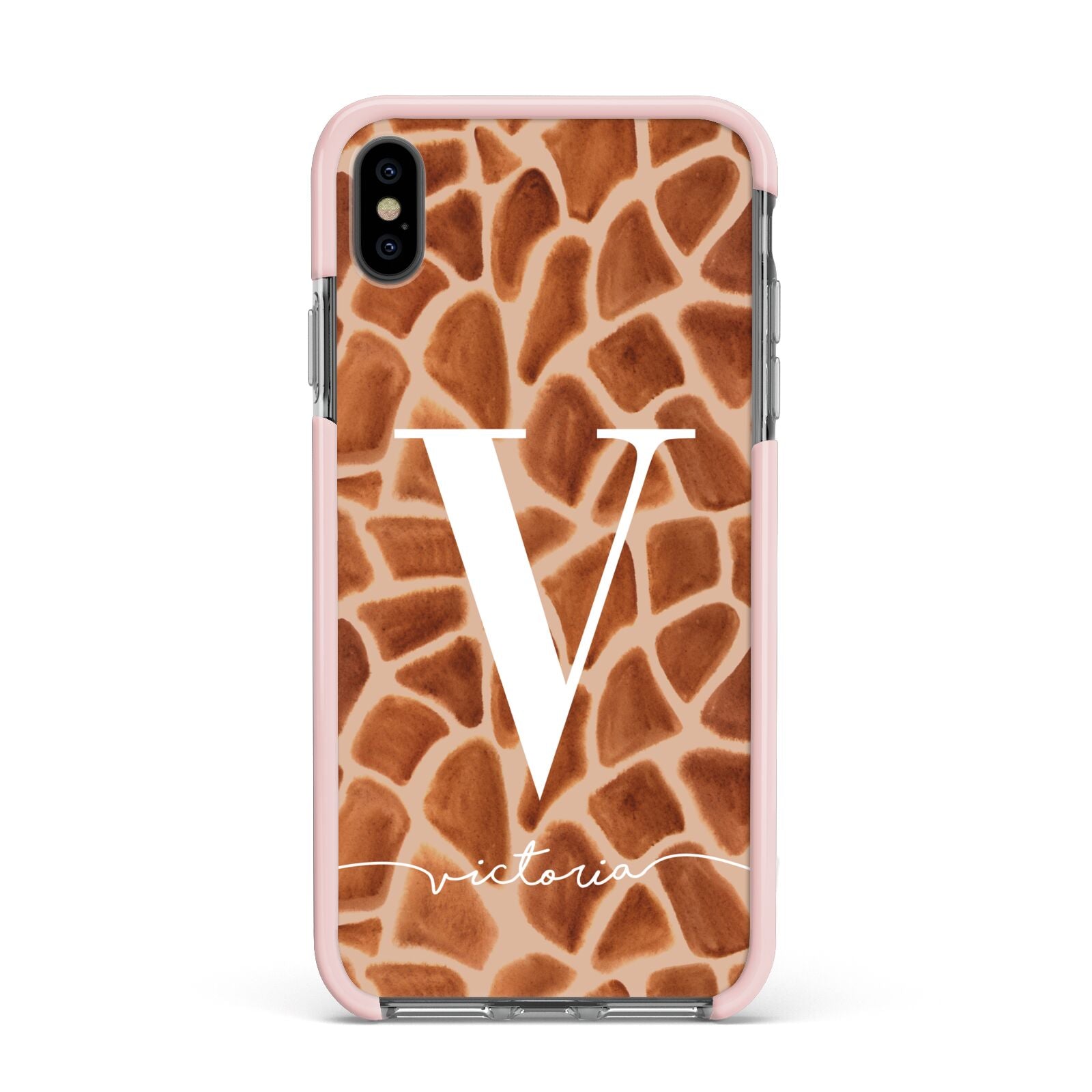 Personalised Giraffe Print Apple iPhone Xs Max Impact Case Pink Edge on Black Phone