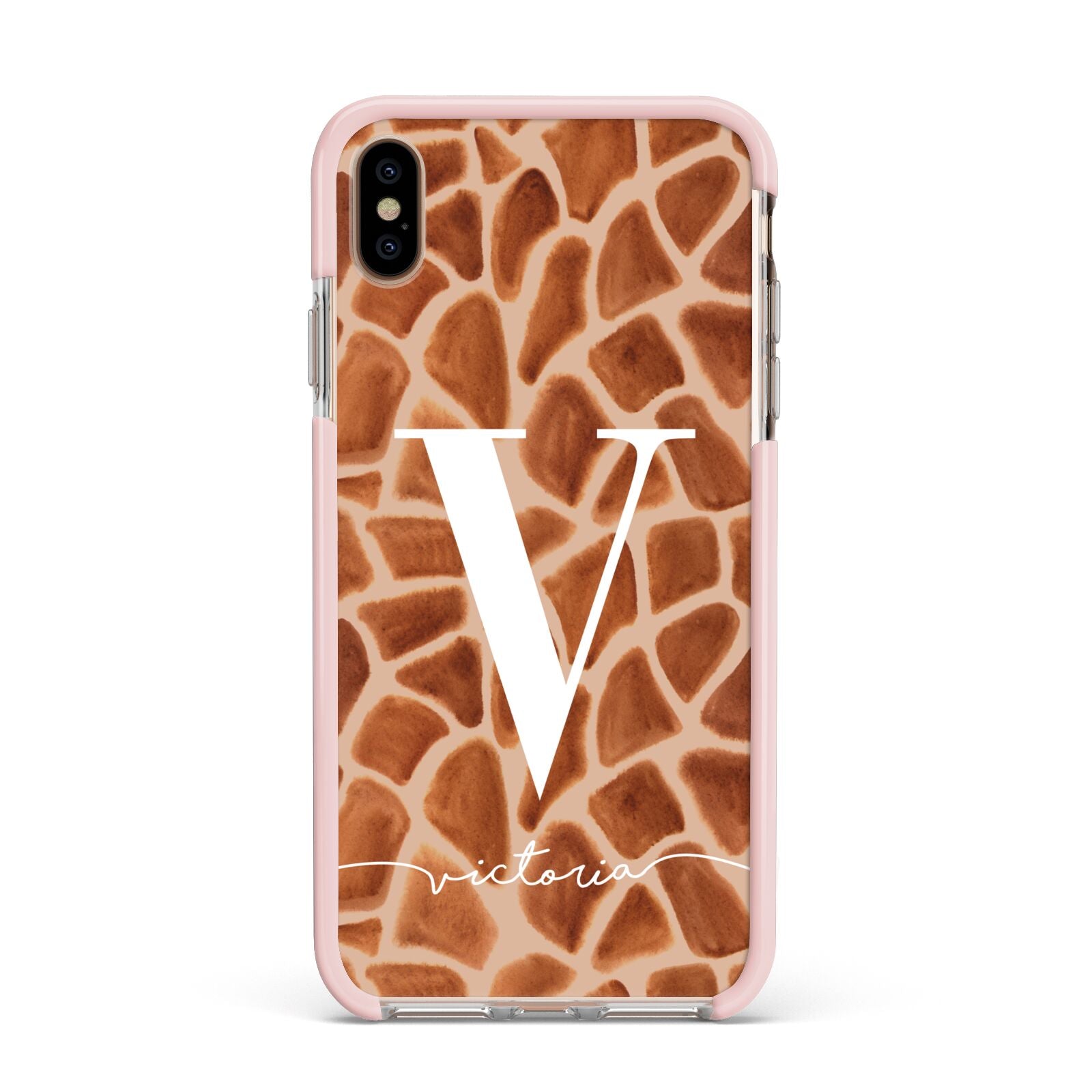 Personalised Giraffe Print Apple iPhone Xs Max Impact Case Pink Edge on Gold Phone