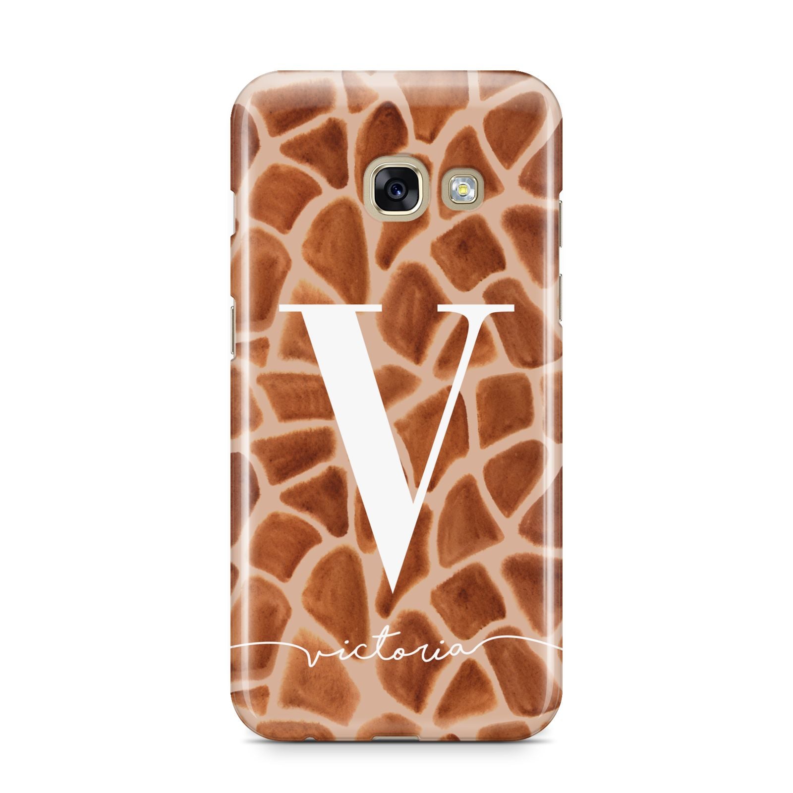 Personalised Giraffe Print Samsung Galaxy A3 2017 Case on gold phone