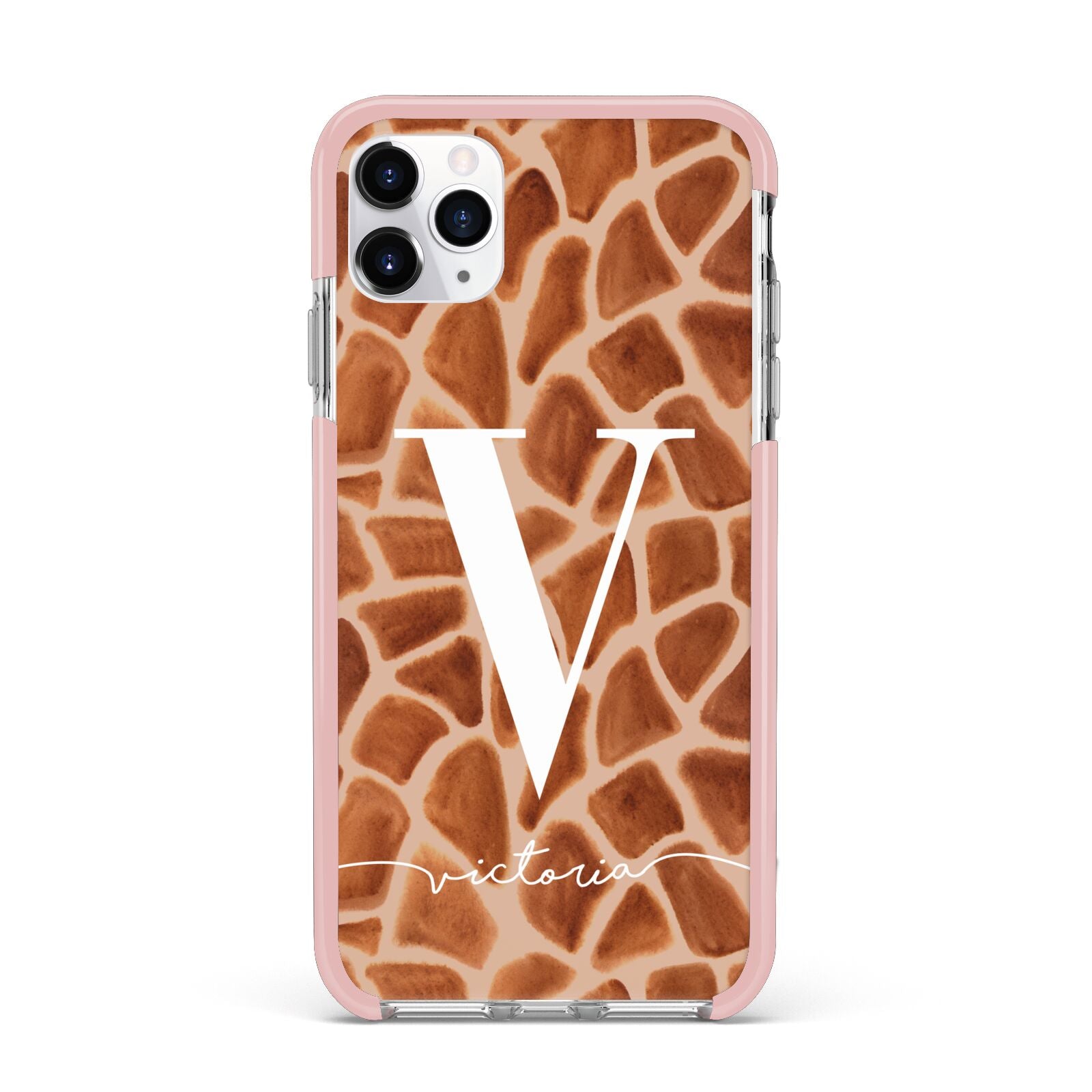 Personalised Giraffe Print iPhone 11 Pro Max Impact Pink Edge Case