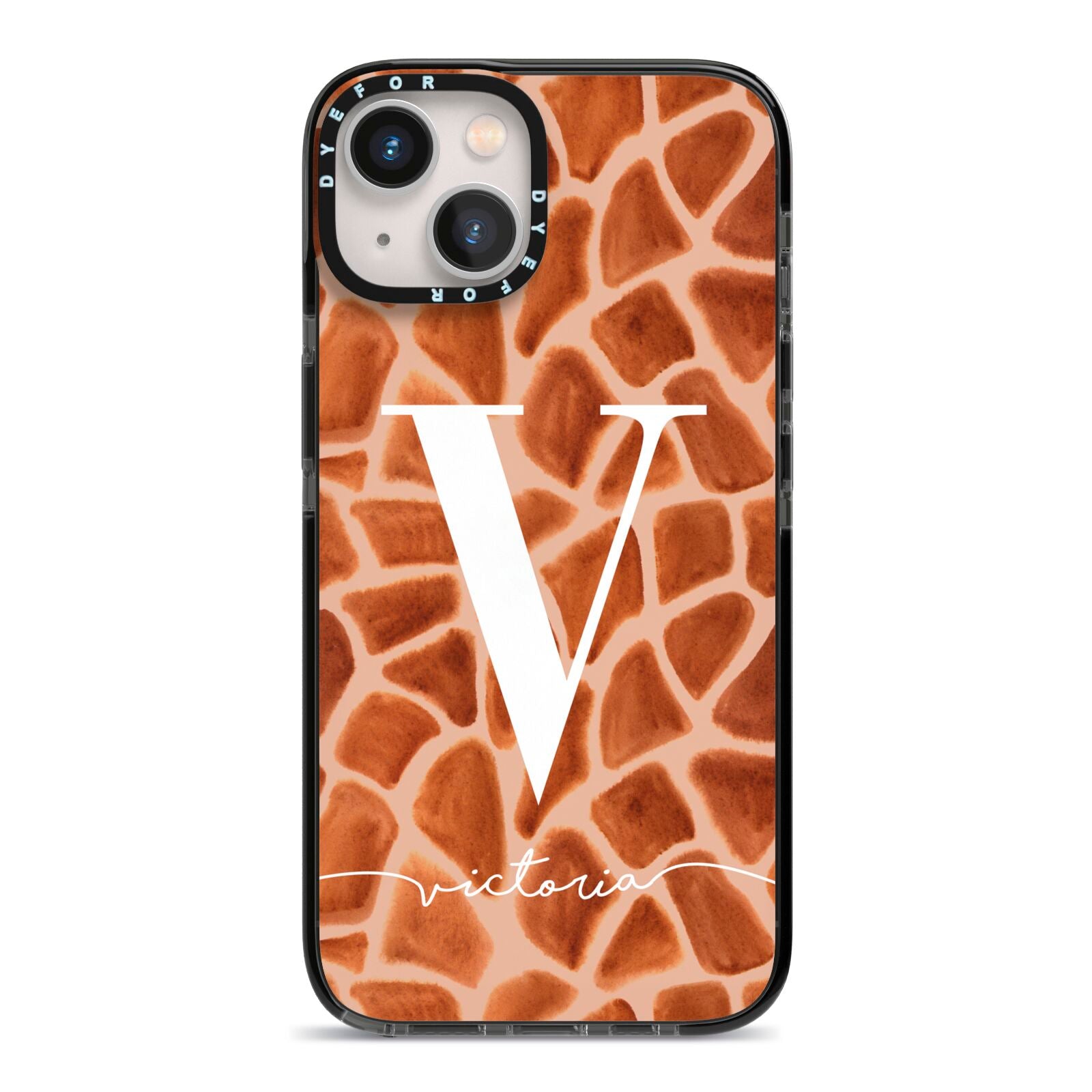 Personalised Giraffe Print iPhone 13 Black Impact Case on Silver phone