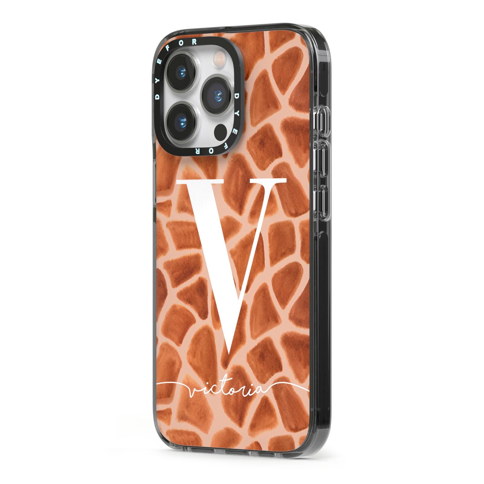 Personalised Giraffe Print iPhone 13 Pro Black Impact Case Side Angle on Silver phone