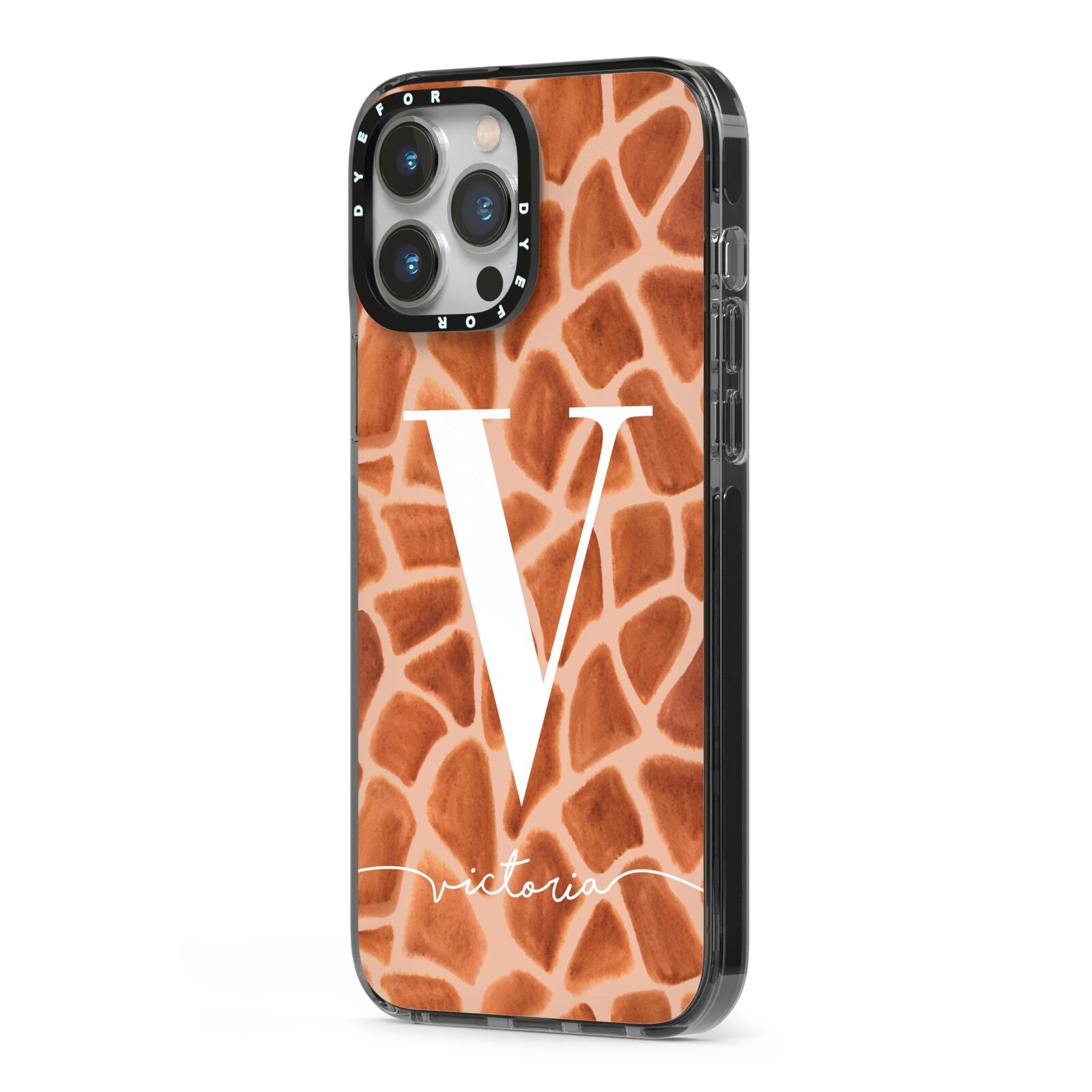 Personalised Giraffe Print iPhone 13 Pro Max Black Impact Case Side Angle on Silver phone