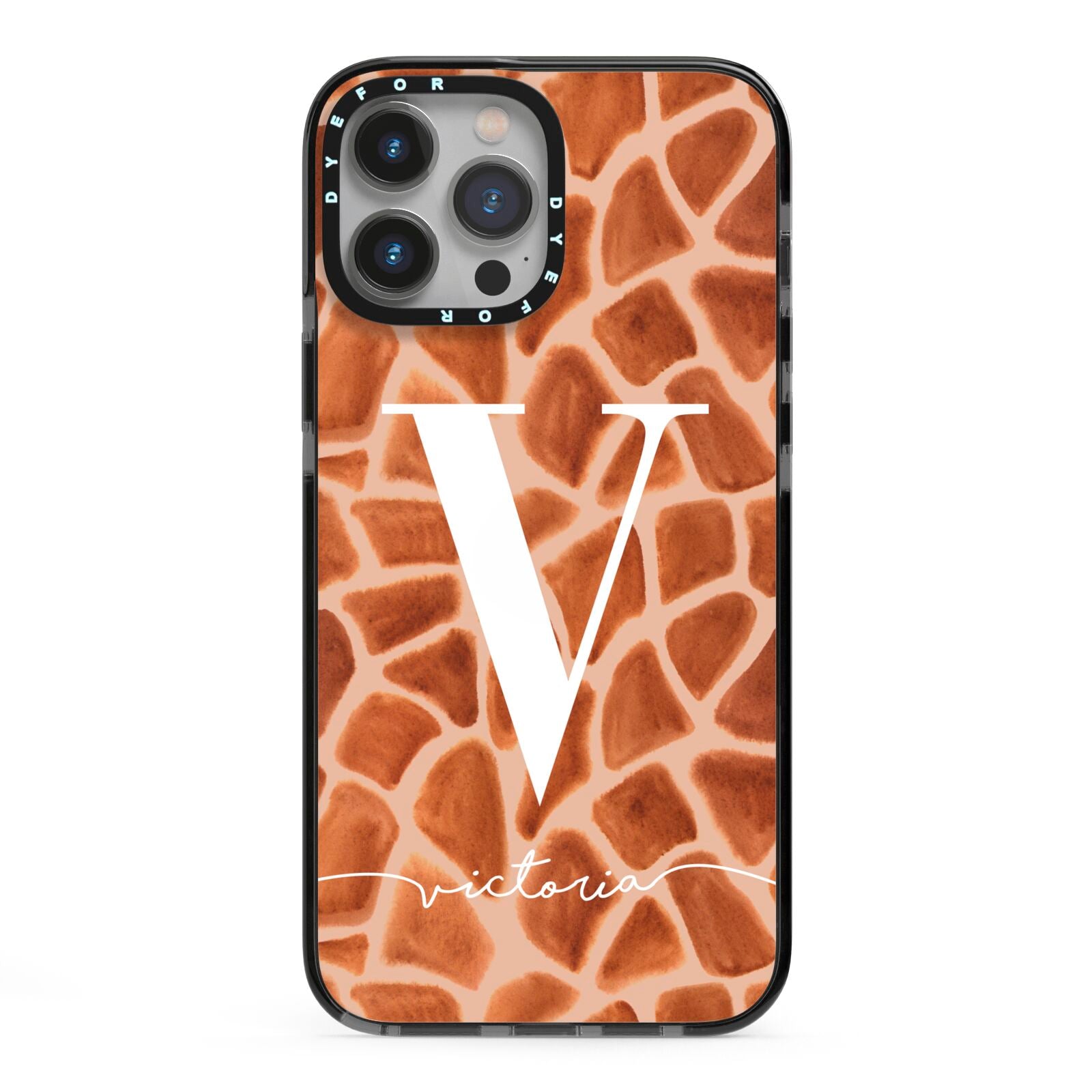 Personalised Giraffe Print iPhone 13 Pro Max Black Impact Case on Silver phone