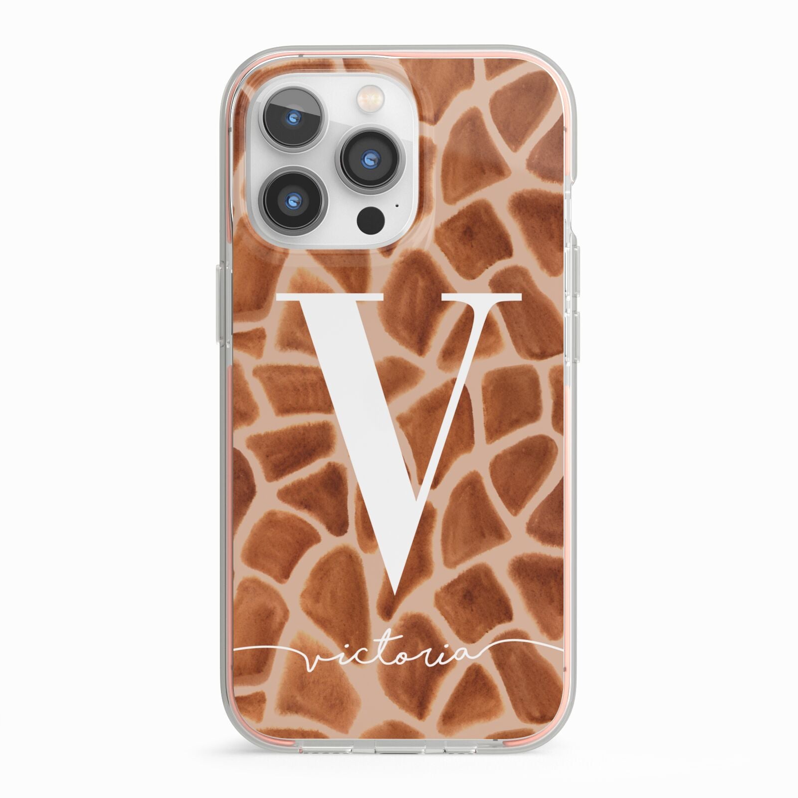 Personalised Giraffe Print iPhone 13 Pro TPU Impact Case with Pink Edges