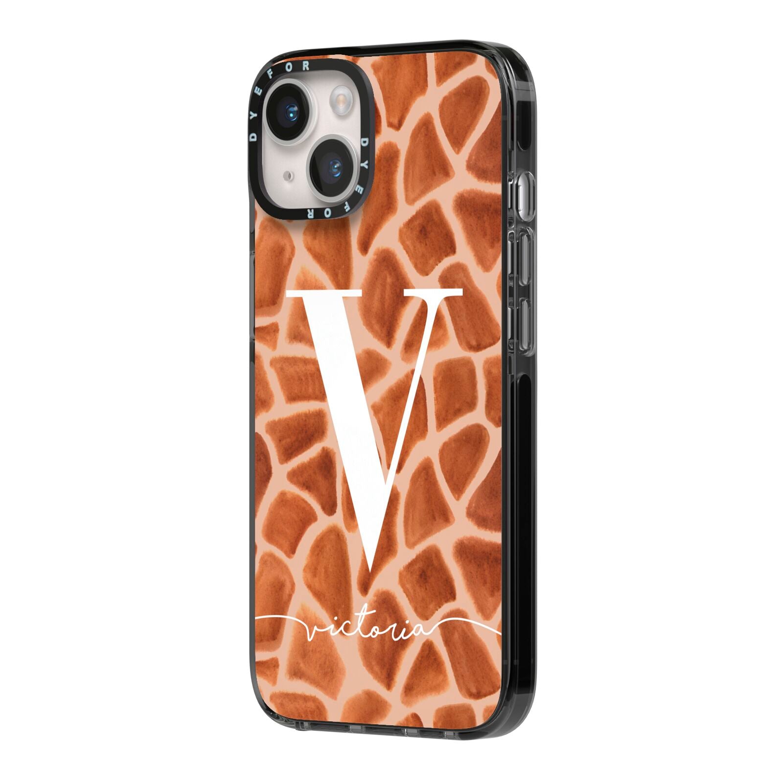 Personalised Giraffe Print iPhone 14 Black Impact Case Side Angle on Silver phone