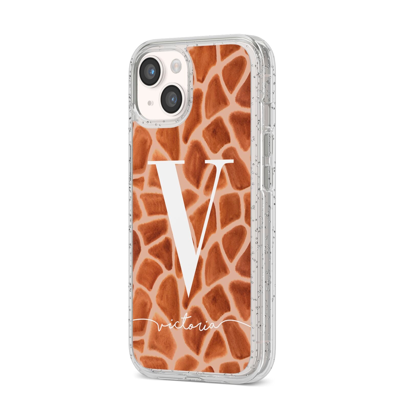 Personalised Giraffe Print iPhone 14 Glitter Tough Case Starlight Angled Image