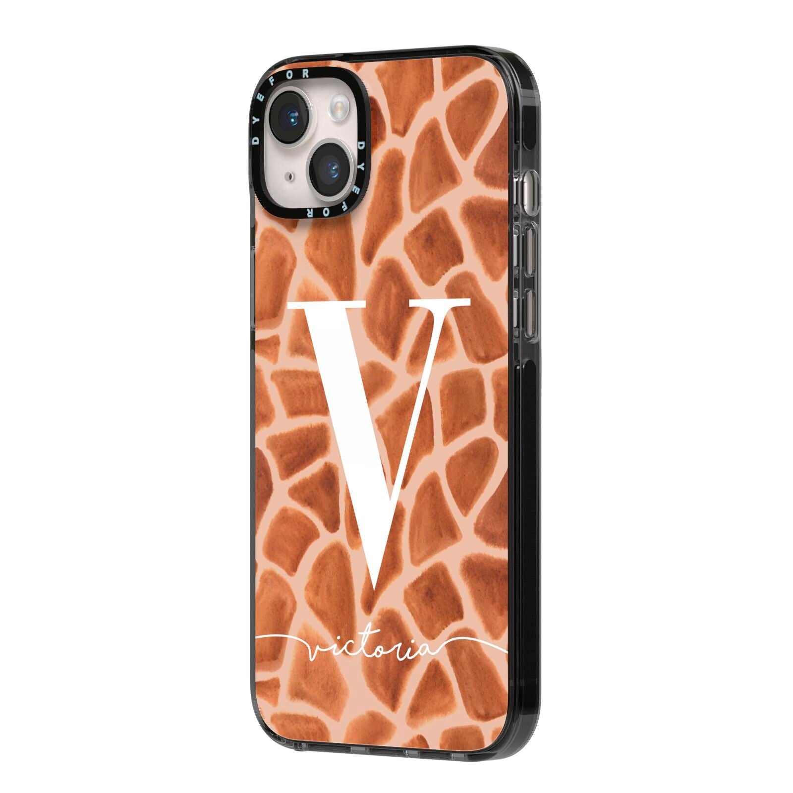 Personalised Giraffe Print iPhone 14 Plus Black Impact Case Side Angle on Silver phone