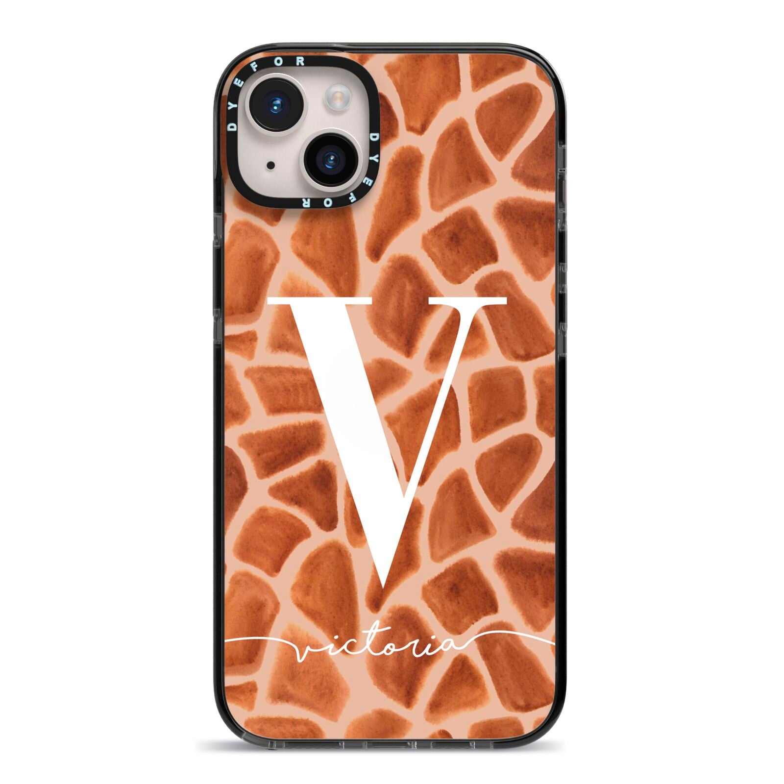 Personalised Giraffe Print iPhone 14 Plus Black Impact Case on Silver phone