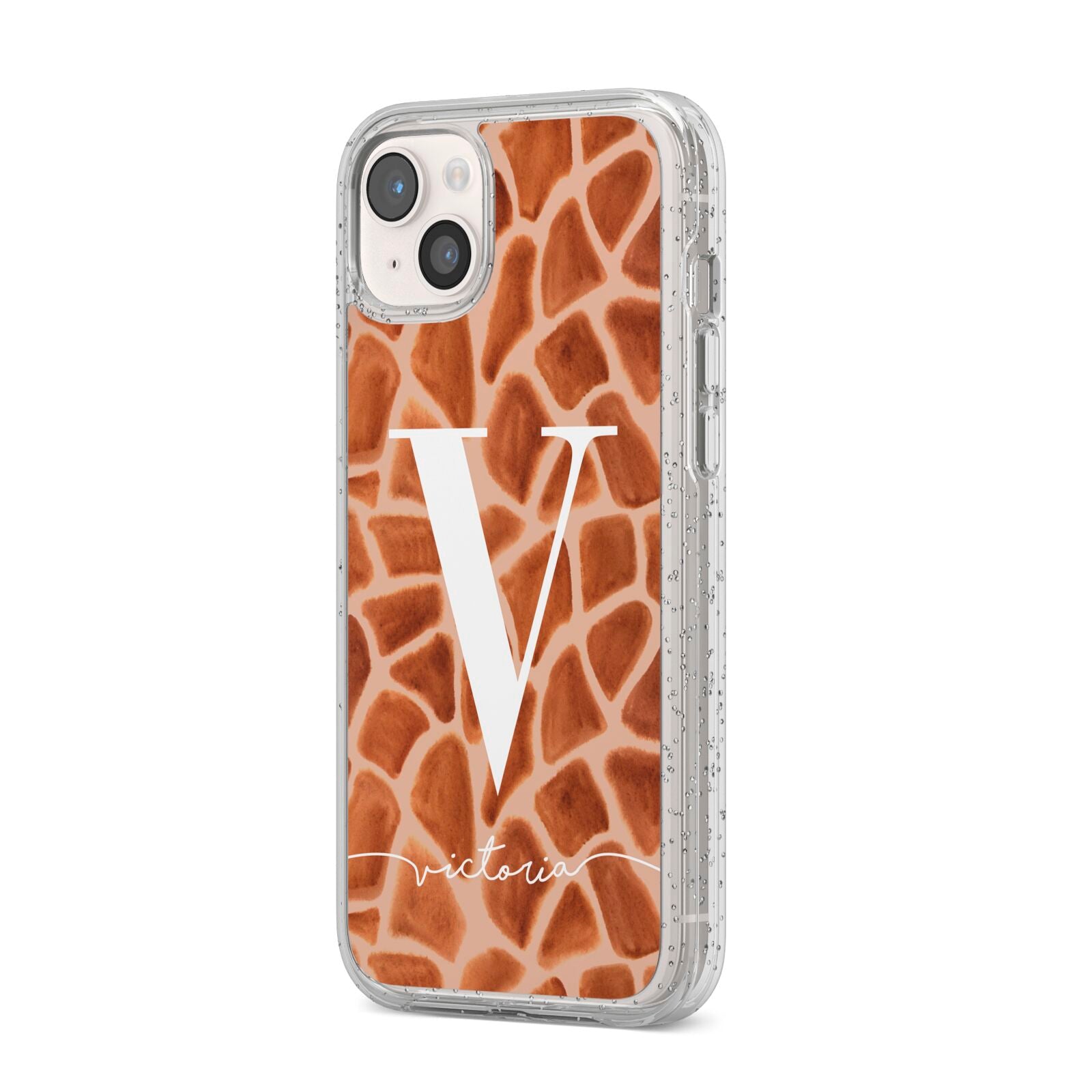 Personalised Giraffe Print iPhone 14 Plus Glitter Tough Case Starlight Angled Image