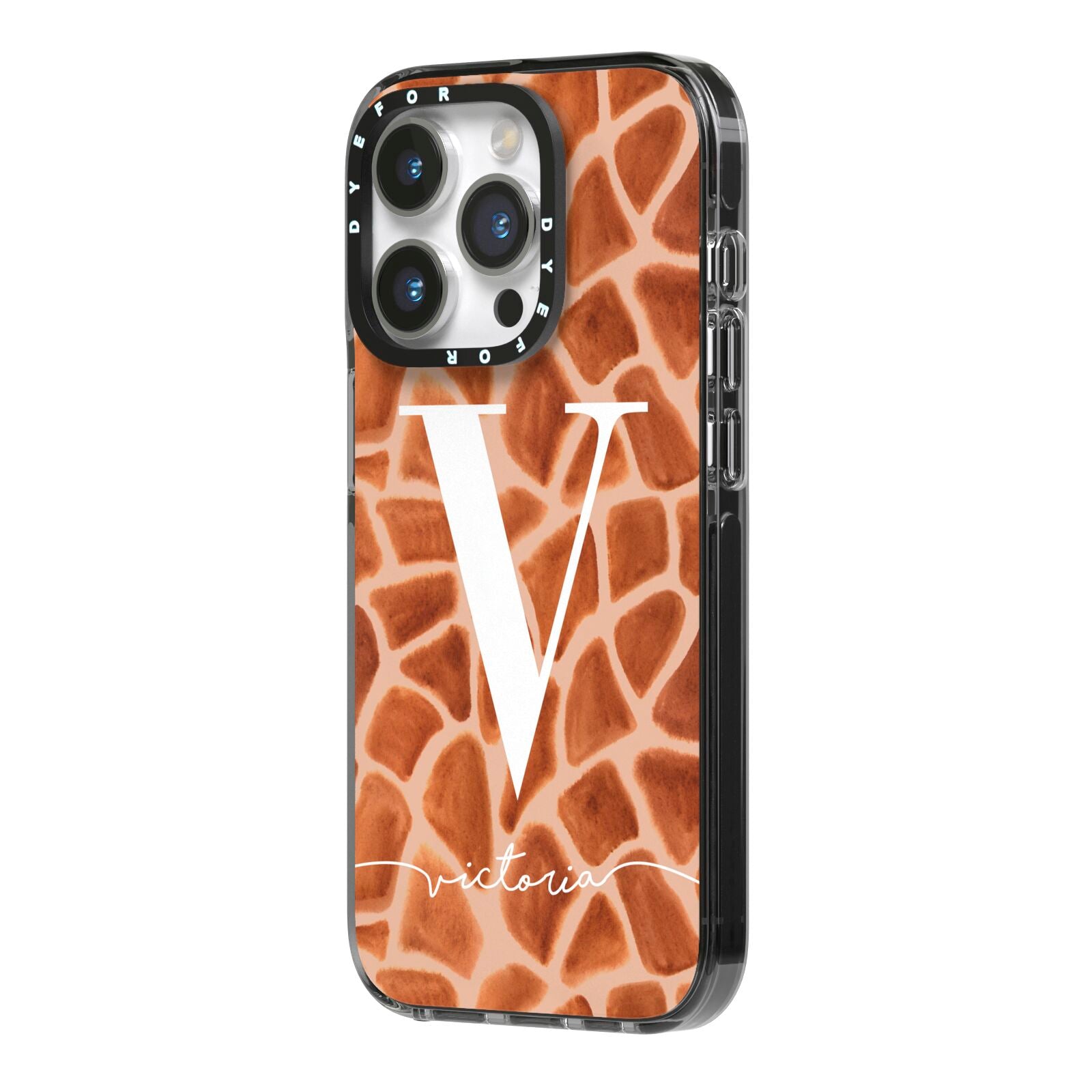 Personalised Giraffe Print iPhone 14 Pro Black Impact Case Side Angle on Silver phone