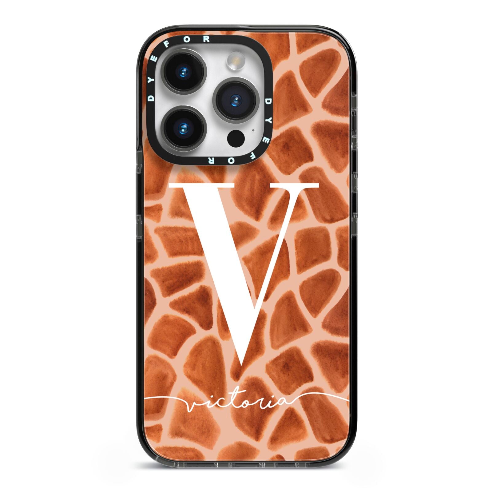 Personalised Giraffe Print iPhone 14 Pro Black Impact Case on Silver phone